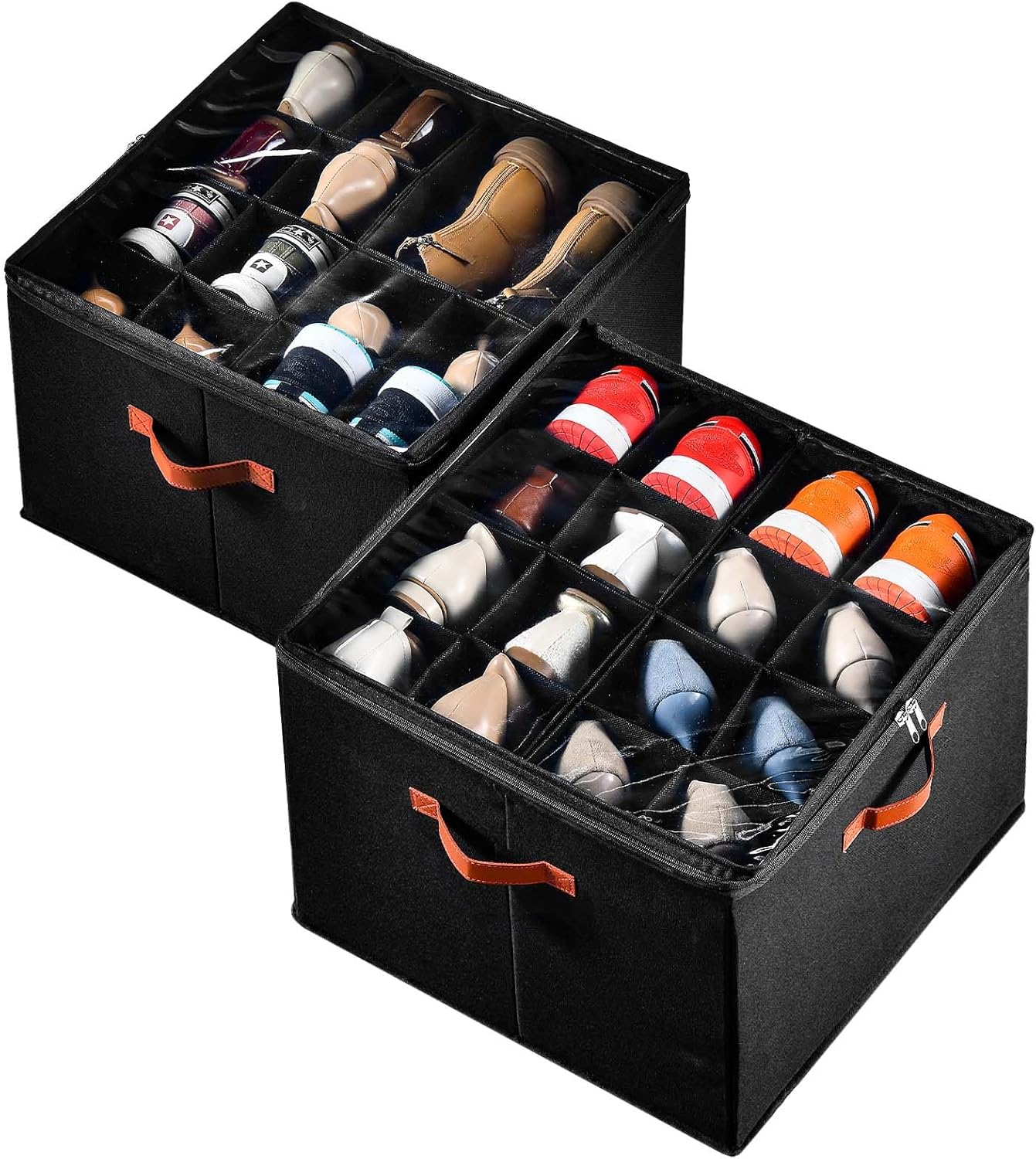 2 Pack Shoe Organizer for Closet,Fits up to 32 Pairs,Adjustable Dividers for Shoe Storage,Fabric Shoe Storage Bins with Clear Cover,Grey