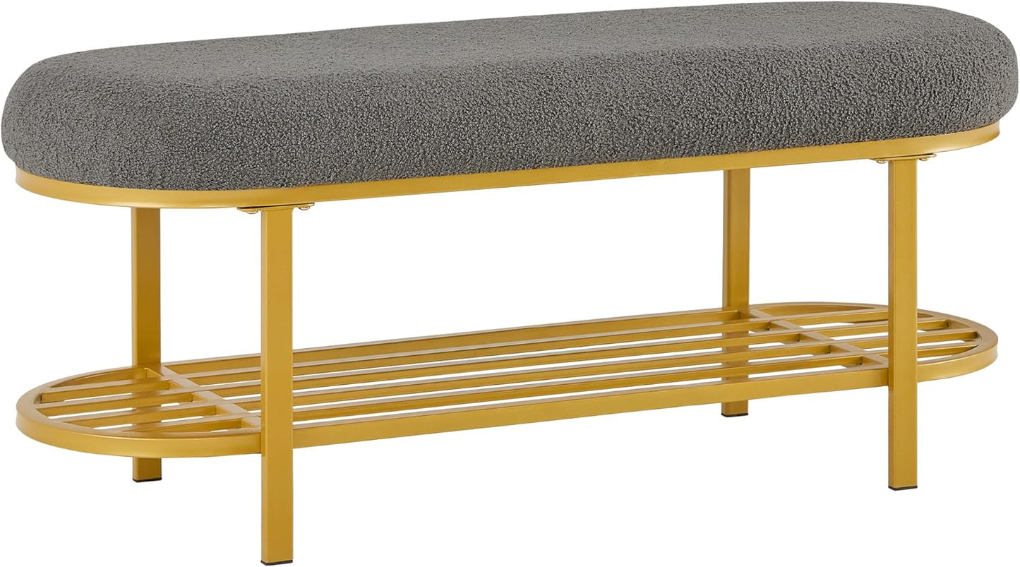 48" End of Bed Bench with Cushion 3-Tier Entryway Storage Upholstered Bench Modern Gold Metal Legs Shoe Storage Rack with Shelf for Bedroom, Entry, Hallway, Living Room, Under Window (White)