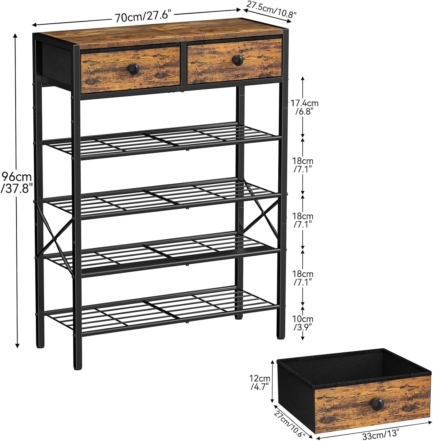 Shoe Rack for Entryway, 5 Tier Shoe Organizer with 2 Non-woven Drawers, Metal Storage Shoe Shelf for 16-20 Pairs of Shoes, with Wooden Top and Steel Frame, Shoe Stand for Closet Rustic Brown