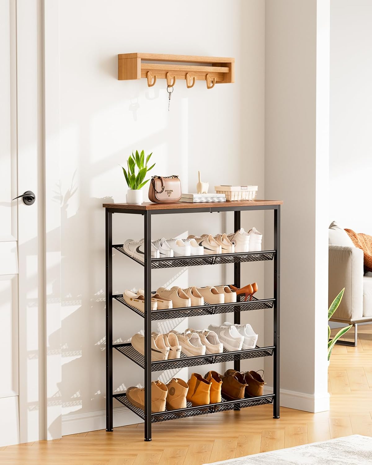 Pipishell 5-Tier Shoe Rack for Entryway and Small Spaces with Wooden Top & Metal Frames, Shoe Storage Organizer with Adjustable Storage Shelves, PISRB4