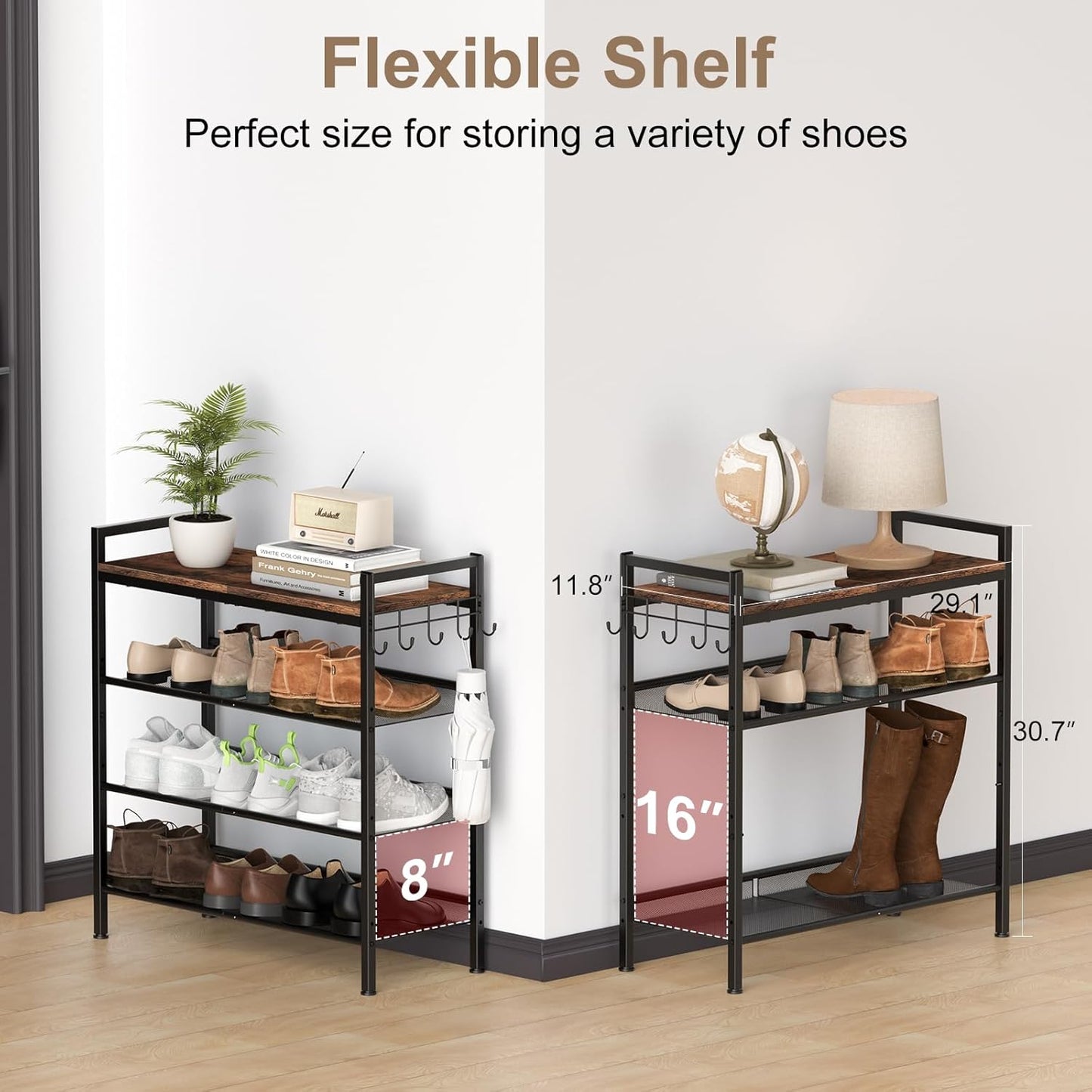 Refrze Shoe Rack for Front Door Entrance, 4 Tier Height-Adjustable Metal Shoe Rack, Sturdy Wooden Top and Tiltable Steel Frame Heavy Duty Shoe Organizer for Bathroom,Bedroom,Kitchen，Include Hook
