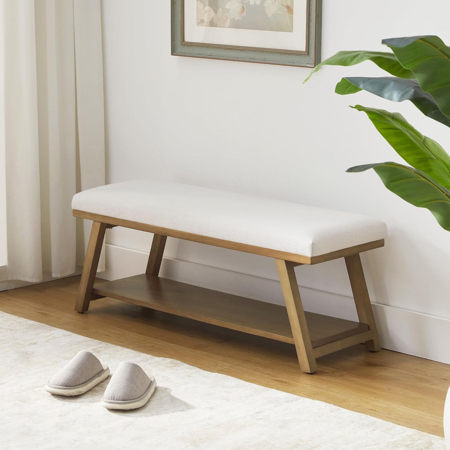 45" Entryway Bench Upholstered Storage Bench for Bedroom Shoe Rack Bench for Living Room, Hallway, Mudroom, Balcony, Sturdy Indoor Bench Seat Holds Up to 300 lbs (Beige)