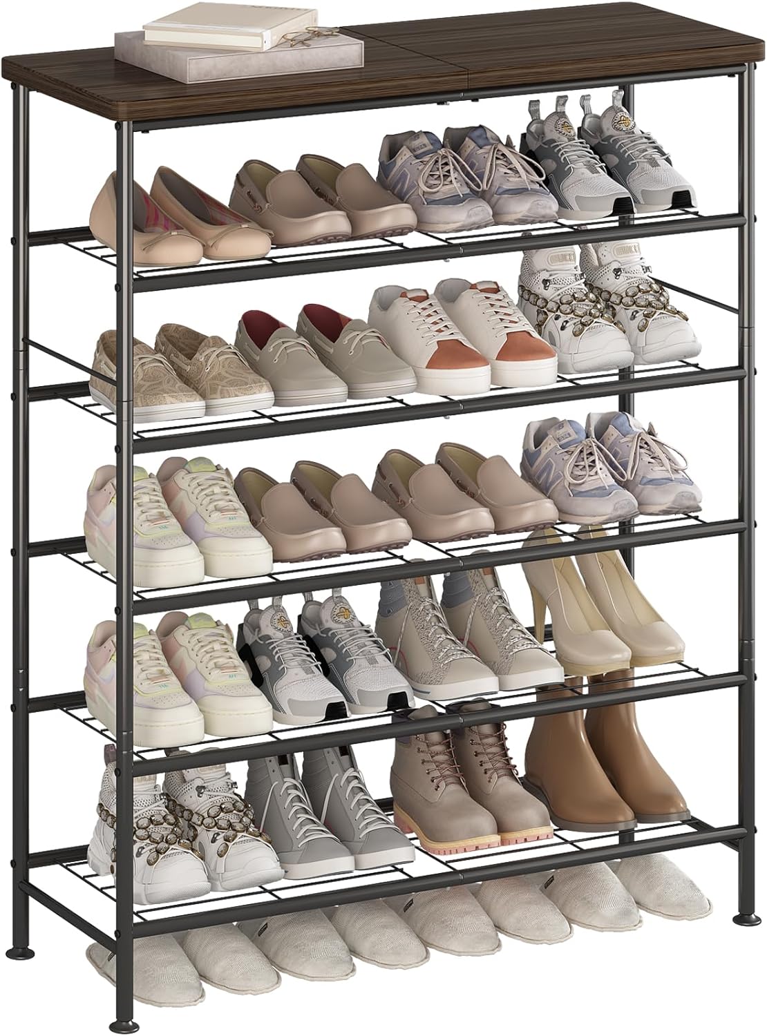 Shoe Rack Organizer 5 Tier for Closet Entryway Free Standing Metal Storage Shoe Shelf with MDF Top Board，Black+Rustic Brown