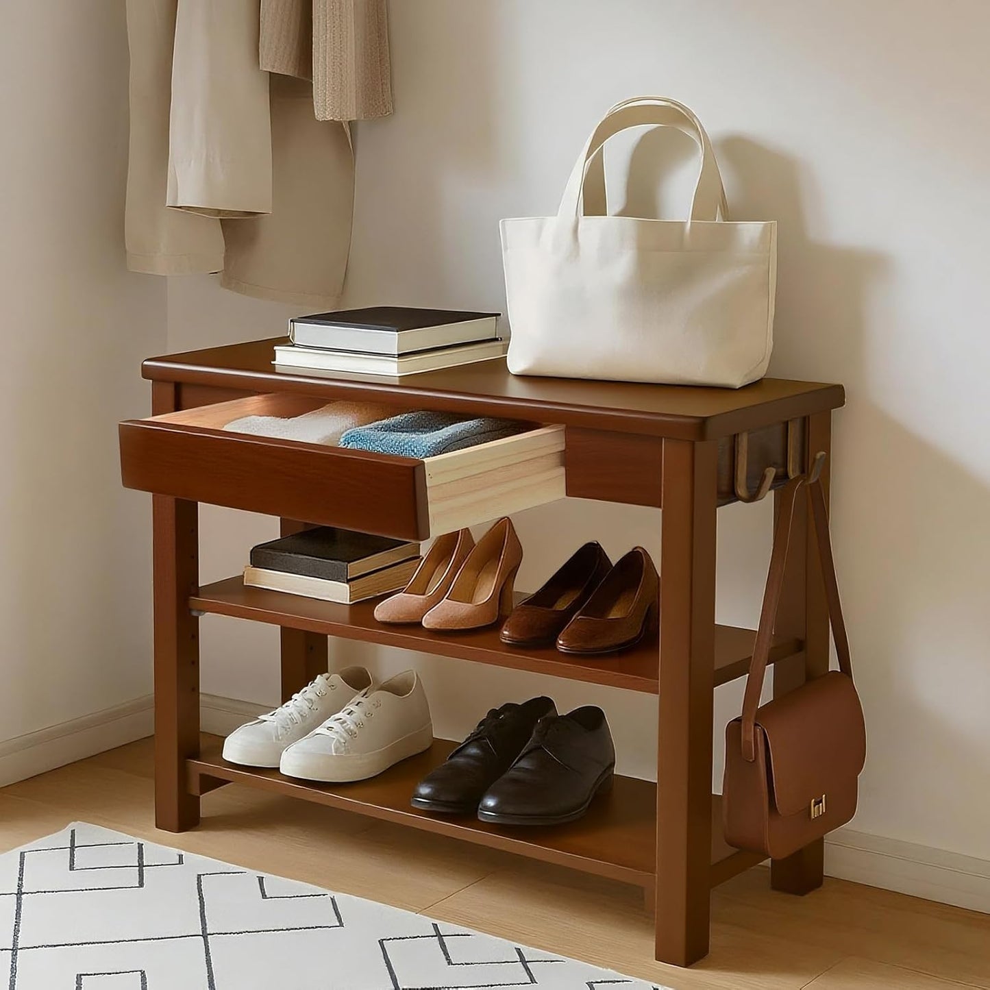 Wood Shoe Bench Entryway with Drawer: 3-Tiers Wooden Storage Shoe Rack with Bench Seat, Compact Mid-Century Modern Design for Entryway,Hallway, Closet,Front Door Entrance,Foyer Walnut 39.3"