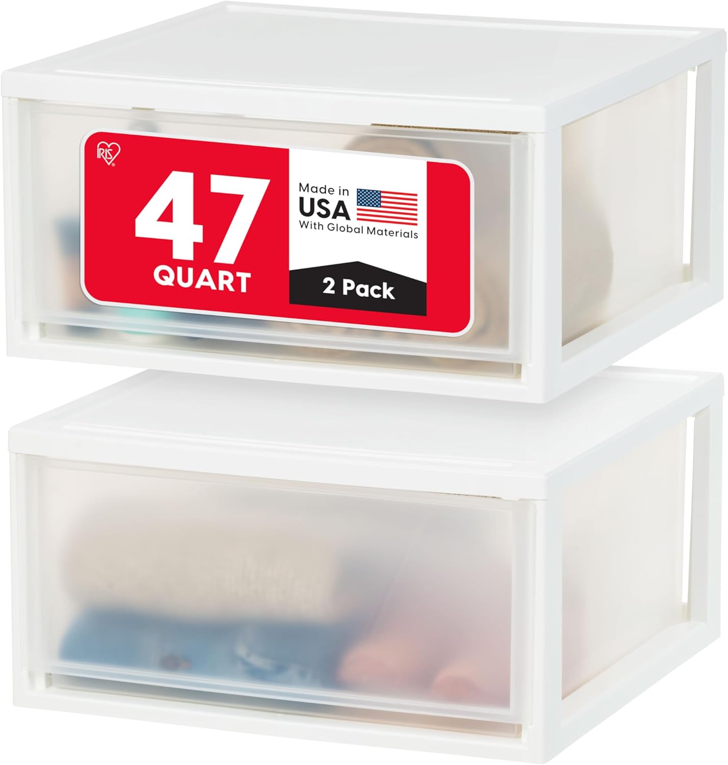 IRIS USA 22 Qt Underbed Storage Stackable Organizer Bin Container with Sliding Drawer, 2 Pack, Multi-Purpose for Clothes, Shoes, Clothing, Bedding, White