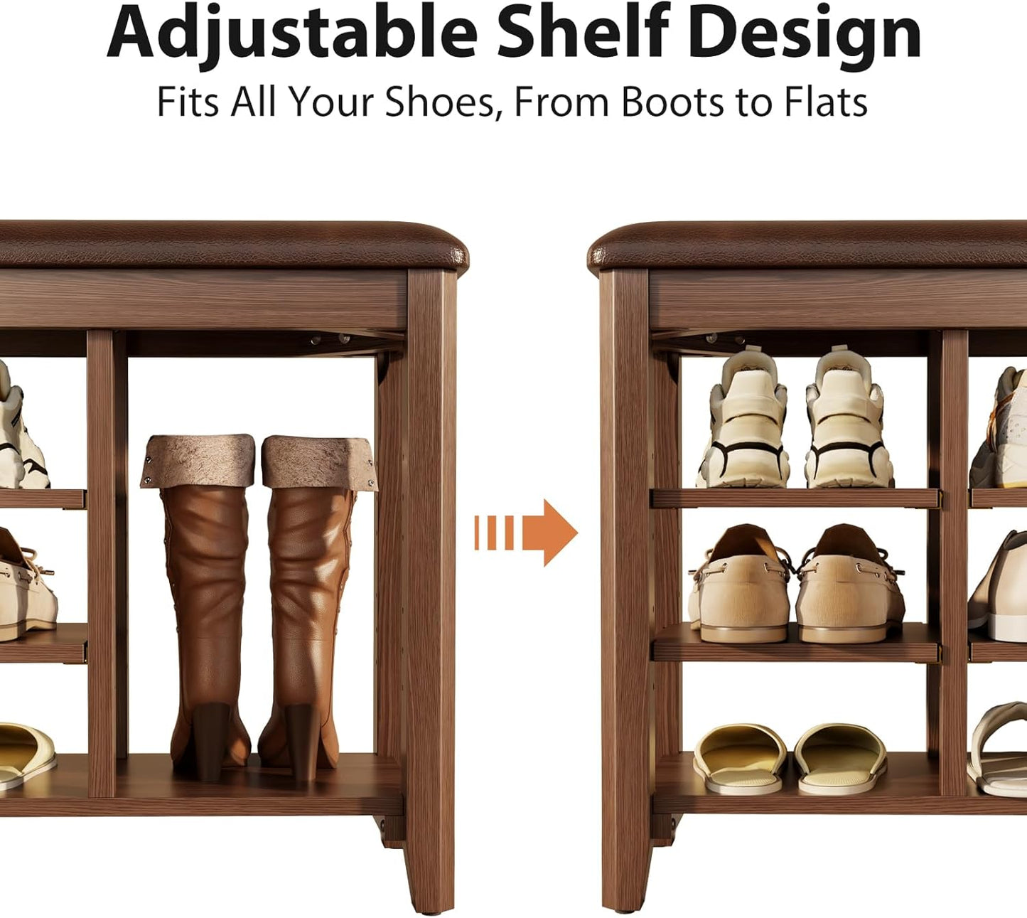 3 Tier Shoe Bench with Cushion,Solid Wood Storage Bench Height Adjustable, Shoe Rack for Entryway,Bedroom,Hallway(Walnut)
