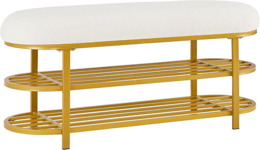48" End of Bed Bench with Cushion 3-Tier Entryway Storage Upholstered Bench Modern Gold Metal Legs Shoe Storage Rack with Shelf for Bedroom, Entry, Hallway, Living Room, Under Window (White)
