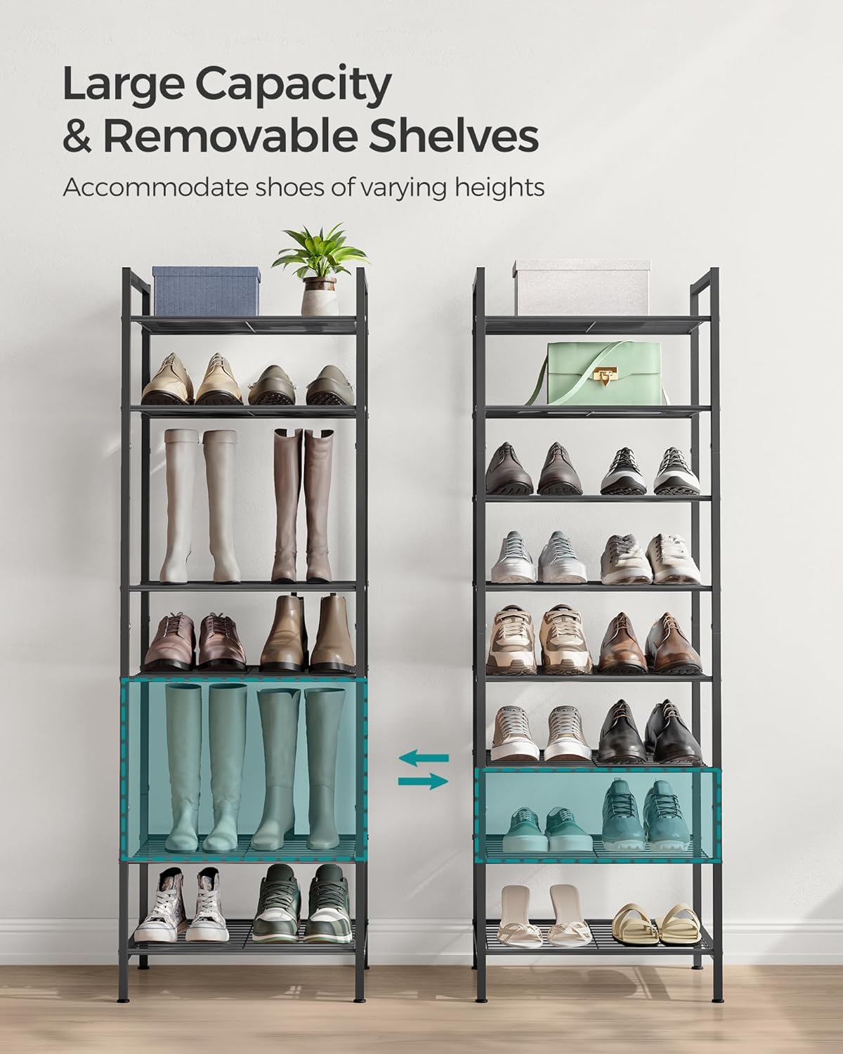 SONGMICS Narrow Shoe Rack, Sturdy 8 Tier Metal Tall Shoe Rack Shelf, Slim Shoe Storage Organizer for Closet Entryway Small Spaces, Vertical Shoe Stand Tower for 18 Pairs Shoes, Easy Assembly, Black