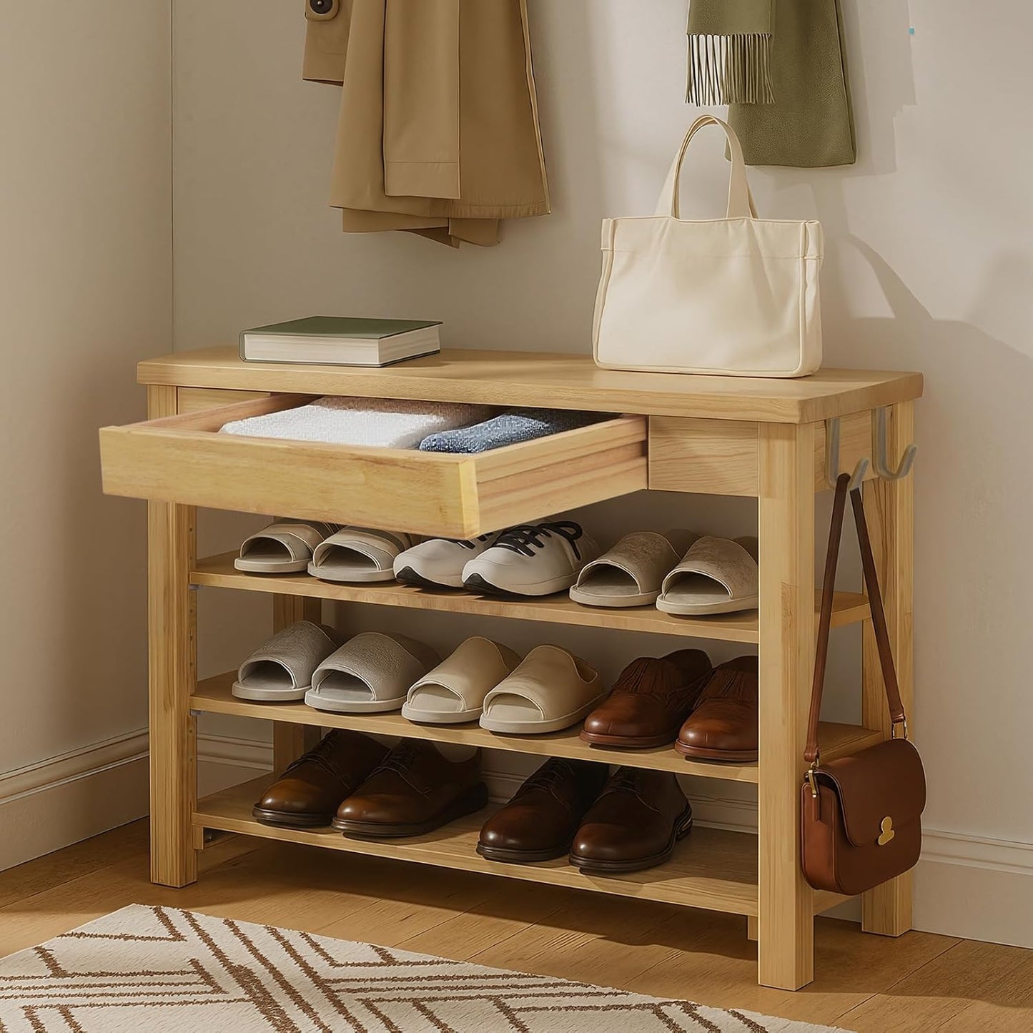 Wood Shoe Bench Entryway with Drawer: 3-Tiers Wooden Storage Shoe Rack with Bench Seat, Compact Mid-Century Modern Design for Entryway,Hallway, Closet,Front Door Entrance,Foyer Walnut 39.3"