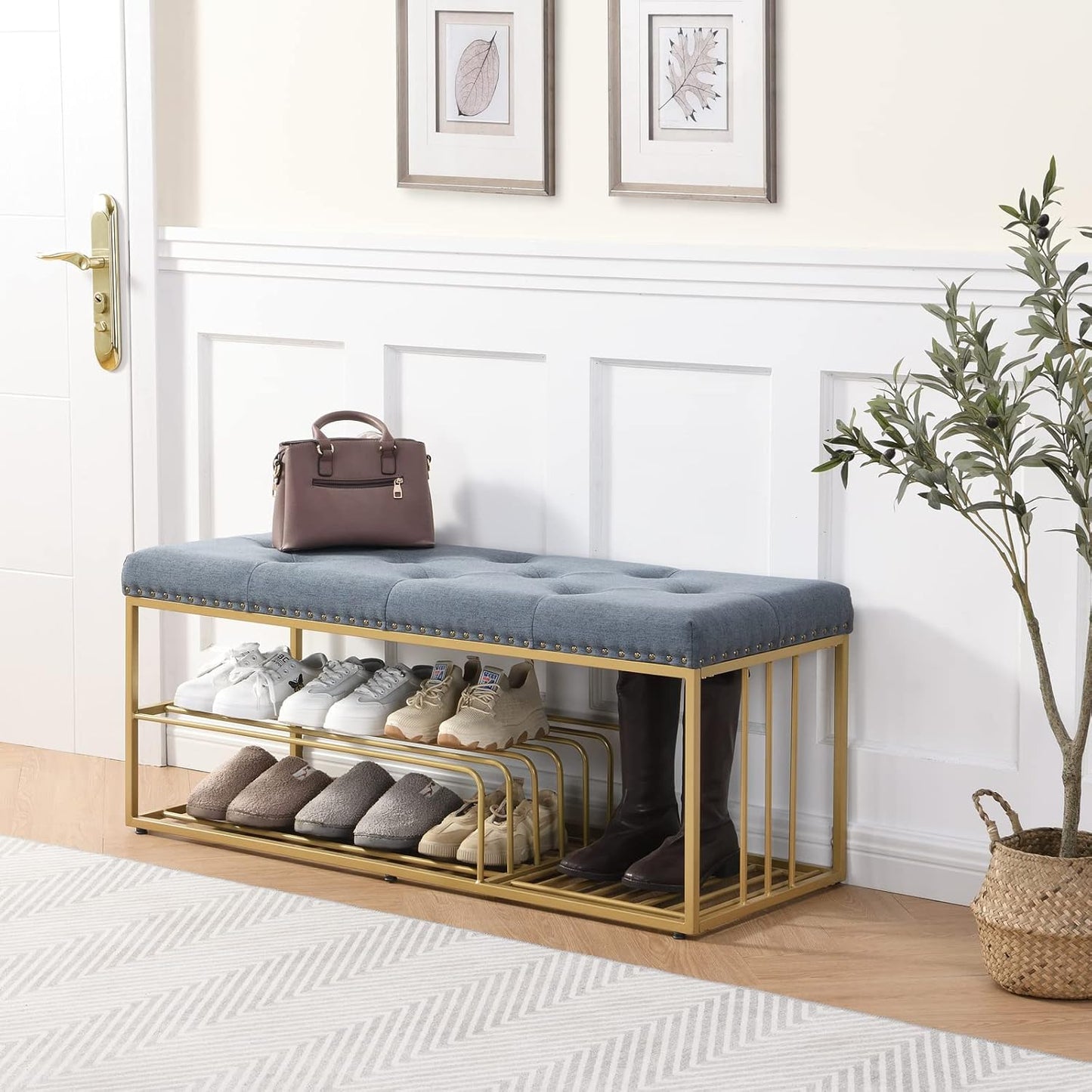 Upholstered Shoe Storage Bench-Nailhead Trim Linen Ottoman Bench with Shoes Rack for End of Bed Entryway Window Bedroom Living Mudroom Room,Blue
