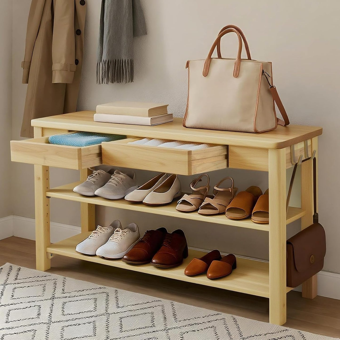 Wood Shoe Bench Entryway with Drawer: 3-Tiers Wooden Storage Shoe Rack with Bench Seat, Compact Mid-Century Modern Design for Entryway,Hallway, Closet,Front Door Entrance,Foyer Walnut 39.3"