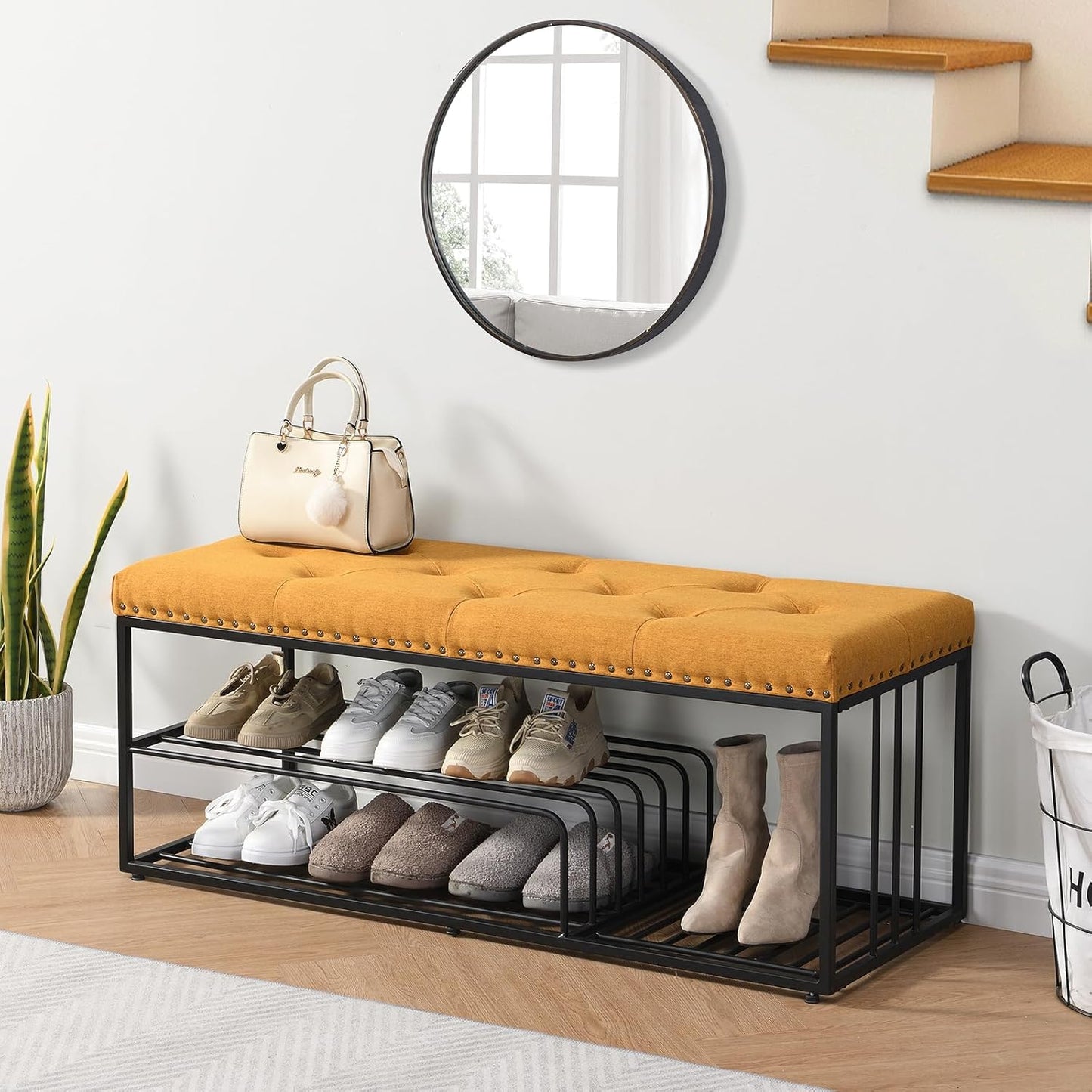 Upholstered Shoe Storage Bench-Nailhead Trim Linen Ottoman Bench with Shoes Rack for End of Bed Entryway Window Bedroom Living Mudroom Room,Blue