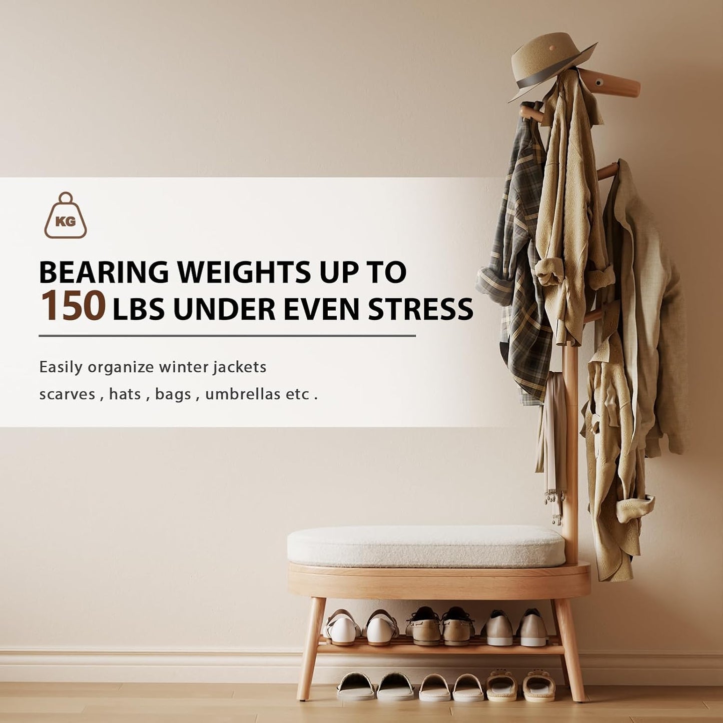Shoe Bench Entryway,Coat Rack with Shoe Storage, Coat Rack and Shoe Rack, Wooden Narrow Shoe Bench（Natural）