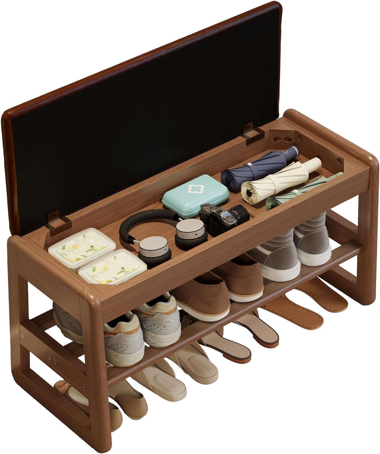 Shoe Rack Bench with Cushion, 2 Tiers Shoe Bench with Flip-Top Storage,Wood Shoe Rack for Entryway,Hallway（Walnut,39.3"）