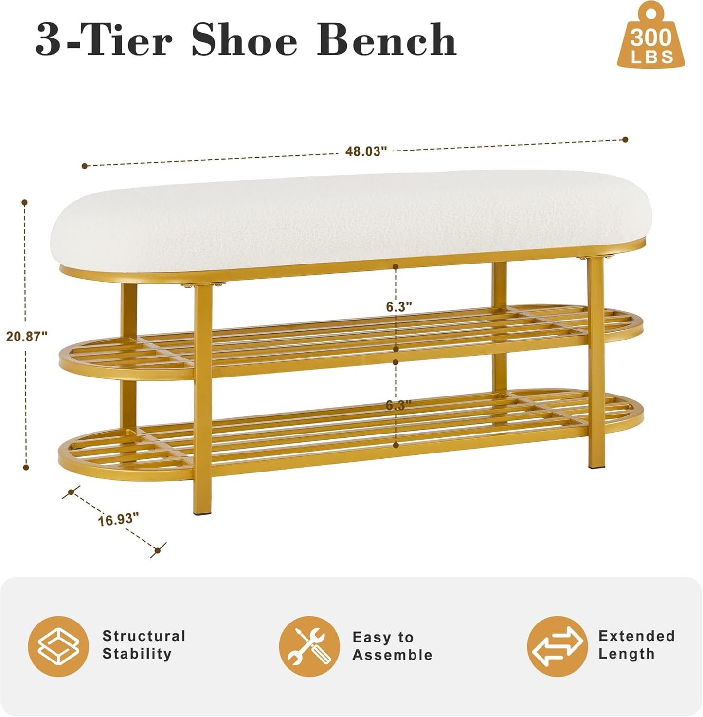 48" End of Bed Bench with Cushion 3-Tier Entryway Storage Upholstered Bench Modern Gold Metal Legs Shoe Storage Rack with Shelf for Bedroom, Entry, Hallway, Living Room, Under Window (White)