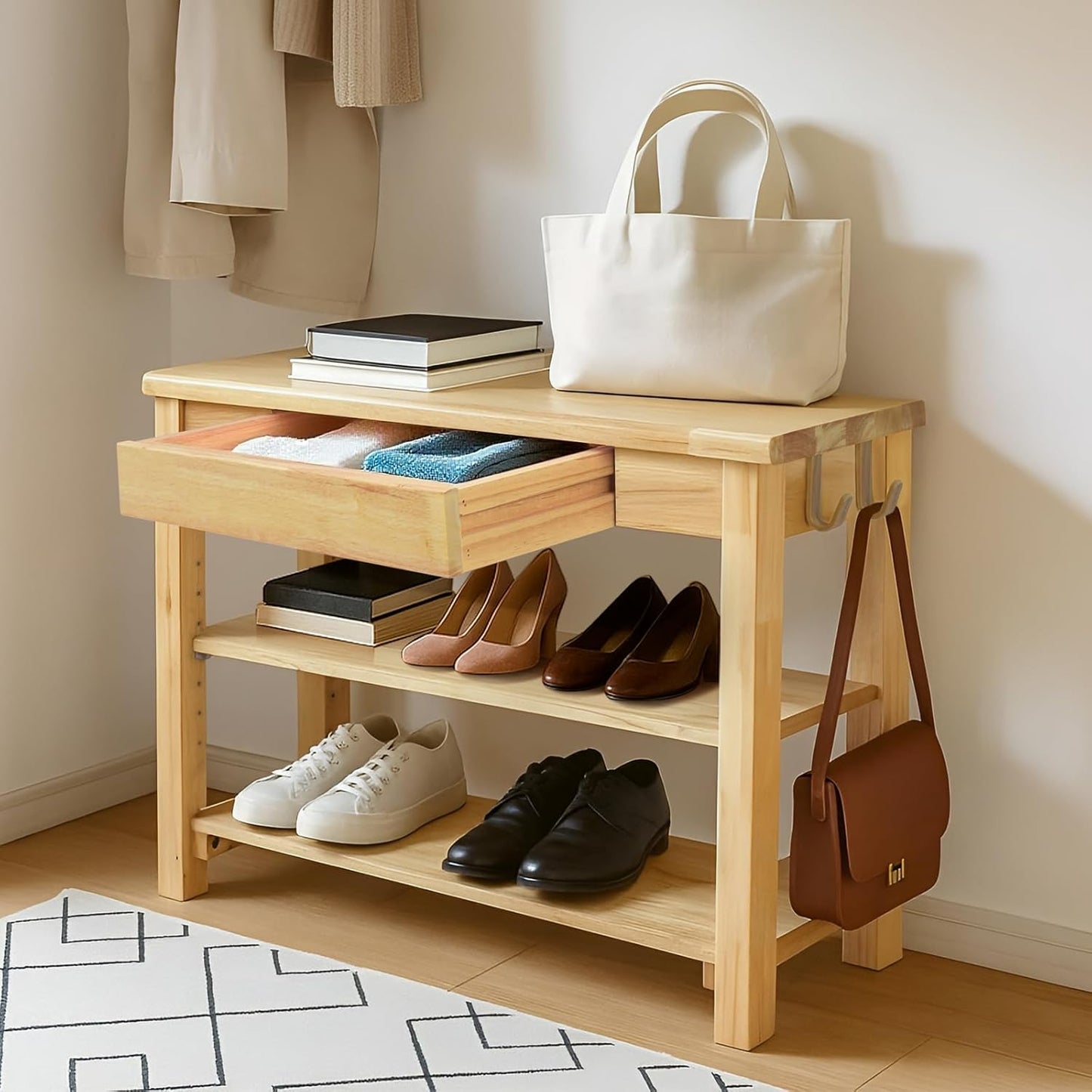 Wood Shoe Bench Entryway with Drawer: 3-Tiers Wooden Storage Shoe Rack with Bench Seat, Compact Mid-Century Modern Design for Entryway,Hallway, Closet,Front Door Entrance,Foyer Walnut 39.3"