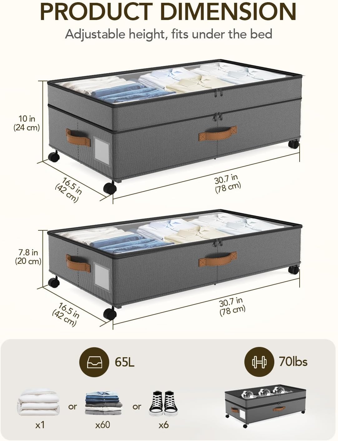 Under Bed Storage with Wheels, 65L XXL Under the Bed Storage Containers Large, 10‘’ Tall Adjustable Storage for Underbed with Lids, Rolling for Shoes, Clothes, Blankets, Grey