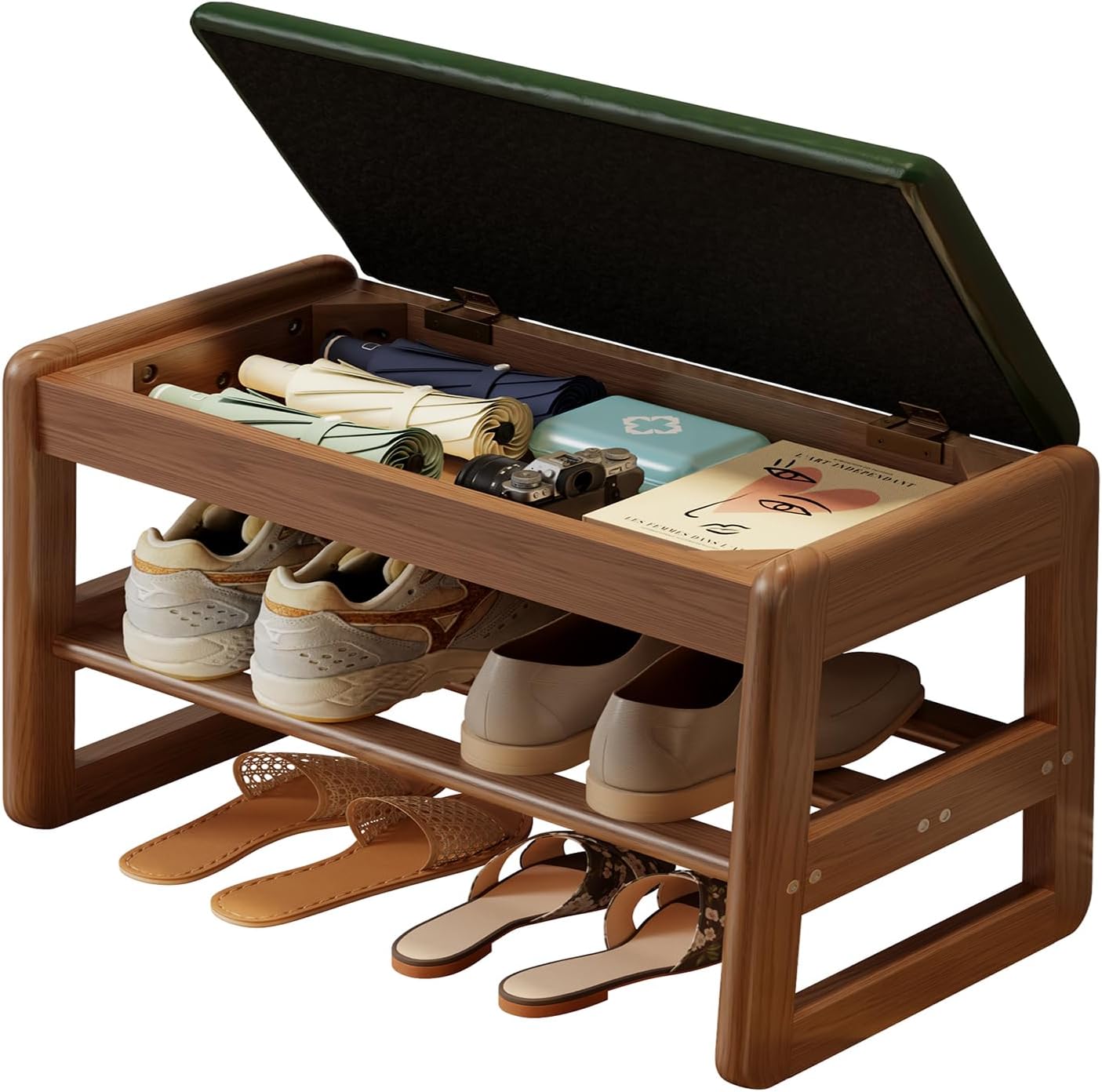 Shoe Rack Bench with Cushion, 2 Tiers Shoe Bench with Flip-Top Storage,Wood Shoe Rack for Entryway,Hallway（Walnut,39.3"）