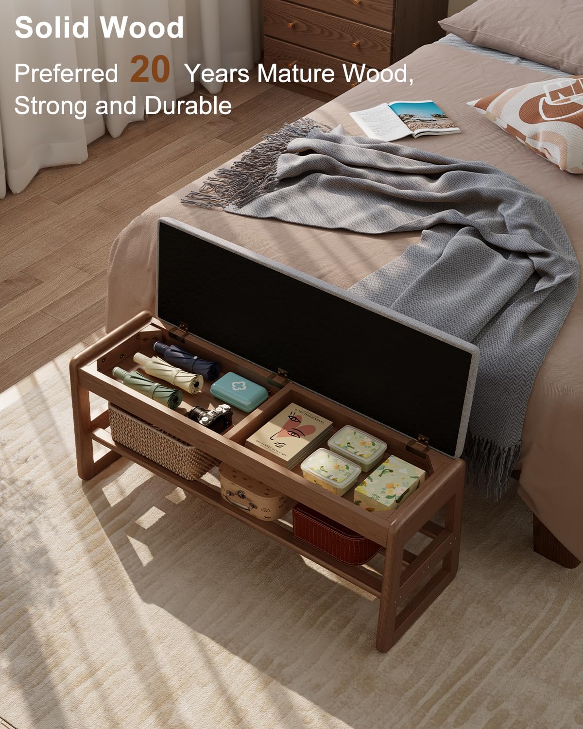 Shoe Rack Bench with Cushion, 2 Tiers Shoe Bench with Flip-Top Storage,Wood Shoe Rack for Entryway,Hallway（Walnut,39.3"）