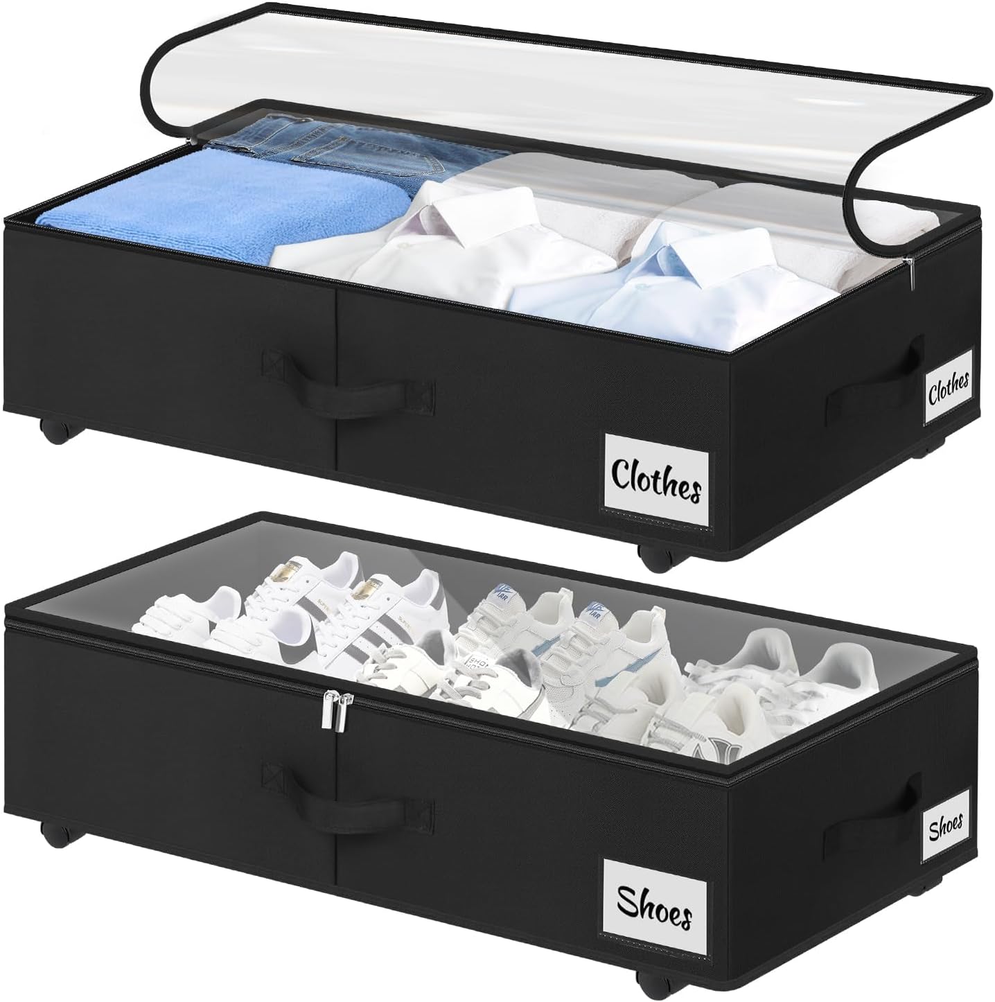2 Pack Under Bed Storage with Wheels 10" Height, Rolling Storage Bins XXL 60L, Underbed Shoe Storage Containers with Label & Clear Lid, Dorm Under bed Drawers for Clothes, Shoes, Quick Assembly, Black