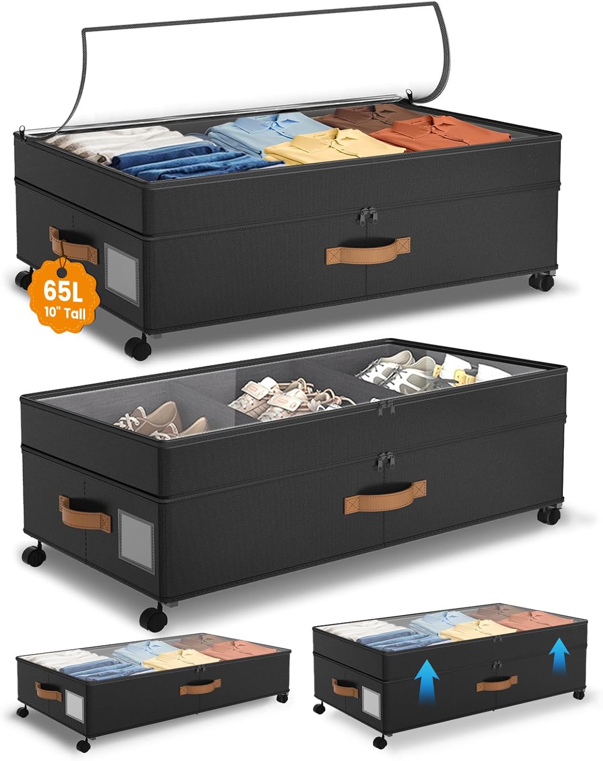 Under Bed Storage with Wheels, 65L XXL Under the Bed Storage Containers Large, 10‘’ Tall Adjustable Storage for Underbed with Lids, Rolling for Shoes, Clothes, Blankets, Grey