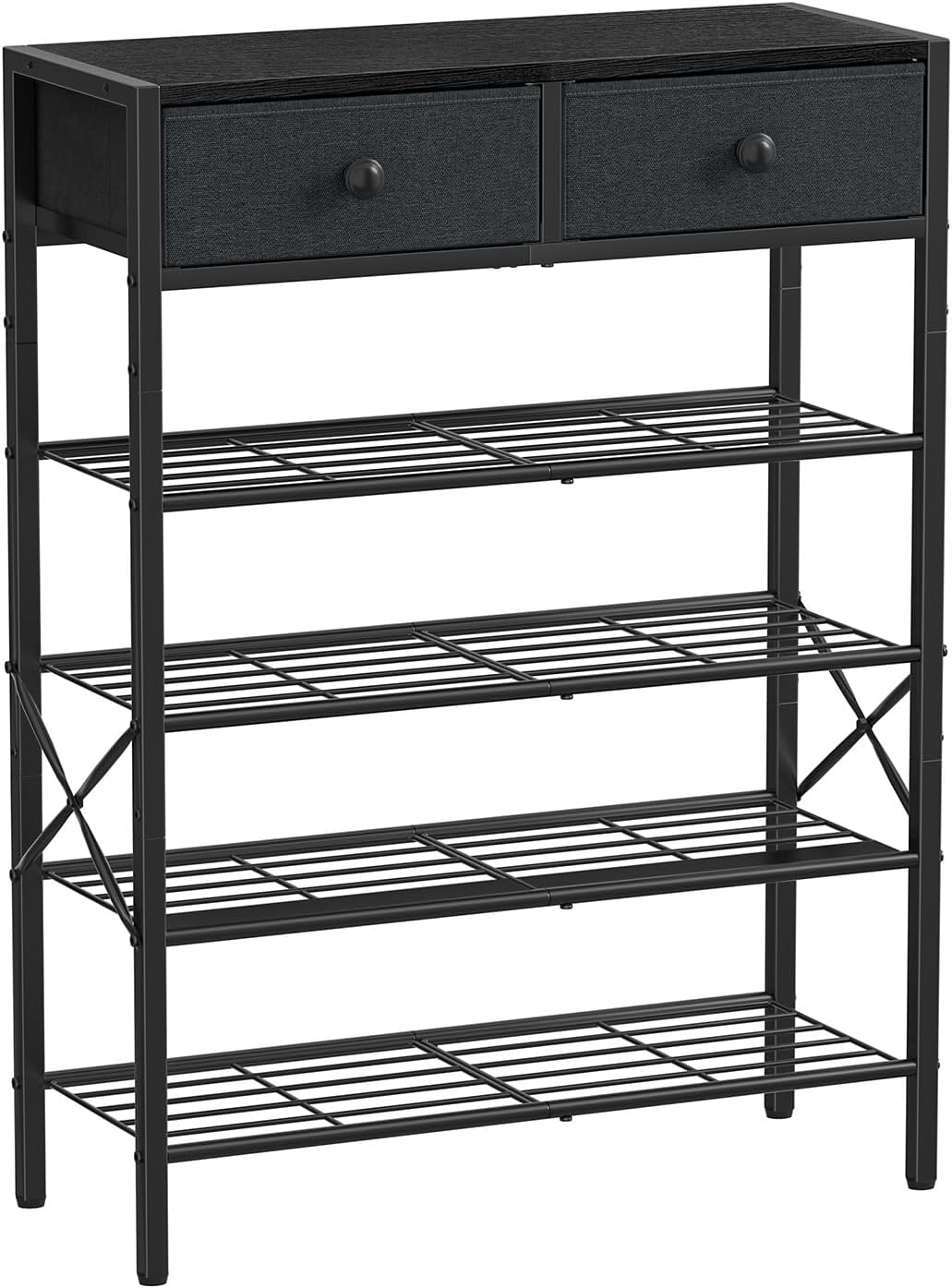 Shoe Rack for Entryway, 5 Tier Shoe Organizer with 2 Non-woven Drawers, Metal Storage Shoe Shelf for 16-20 Pairs of Shoes, with Wooden Top and Steel Frame, Shoe Stand for Closet Rustic Brown