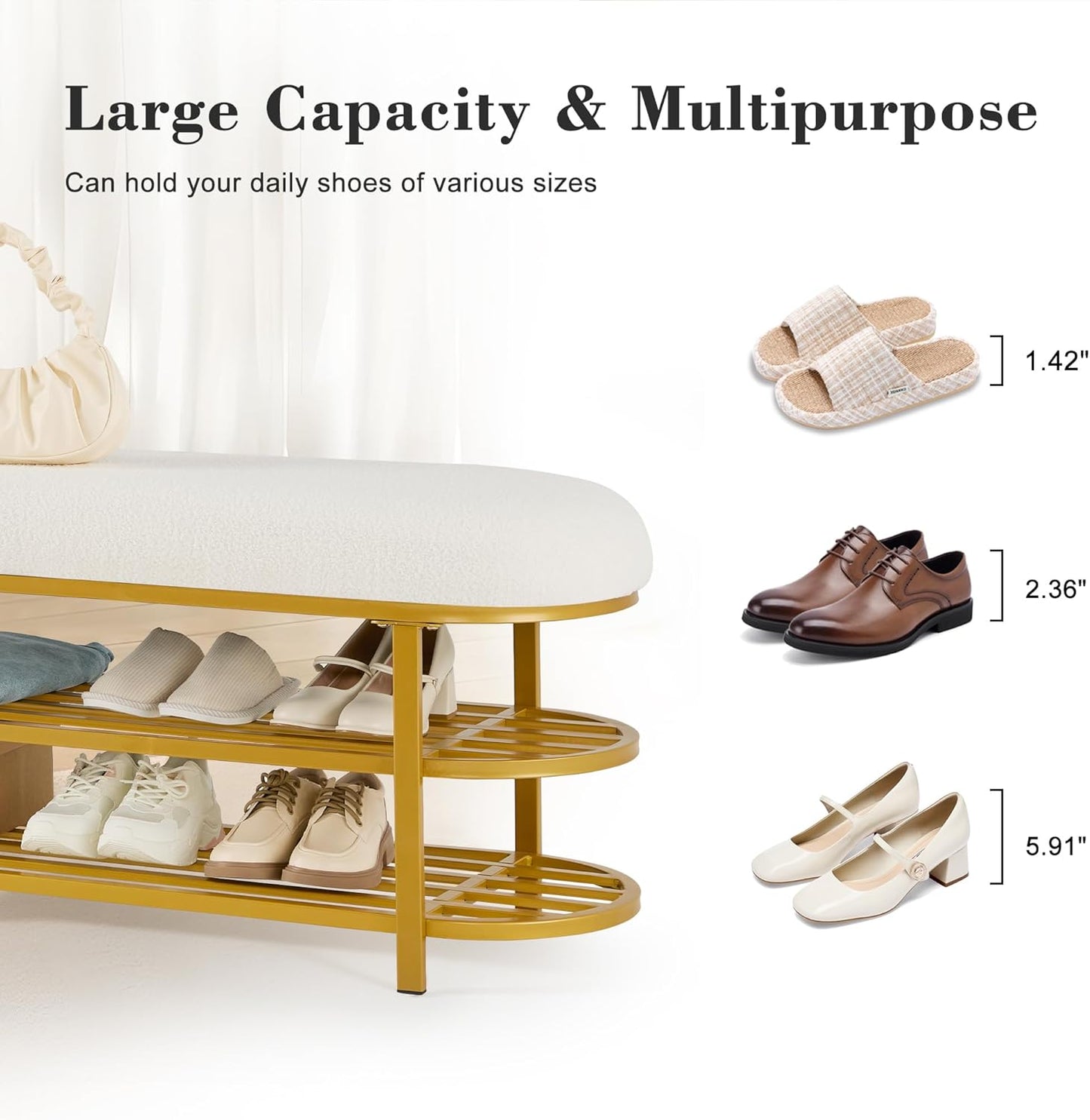 48" End of Bed Bench with Cushion 3-Tier Entryway Storage Upholstered Bench Modern Gold Metal Legs Shoe Storage Rack with Shelf for Bedroom, Entry, Hallway, Living Room, Under Window (White)