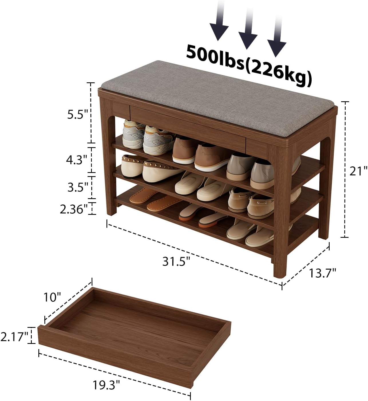 Small Shoe Bench with Storage, Wooden Shoe Storage Bench with Cushion&Hidden Drawer, 3-Tier Shoe Rack Bench for Entryway, Mudroom, Hallway