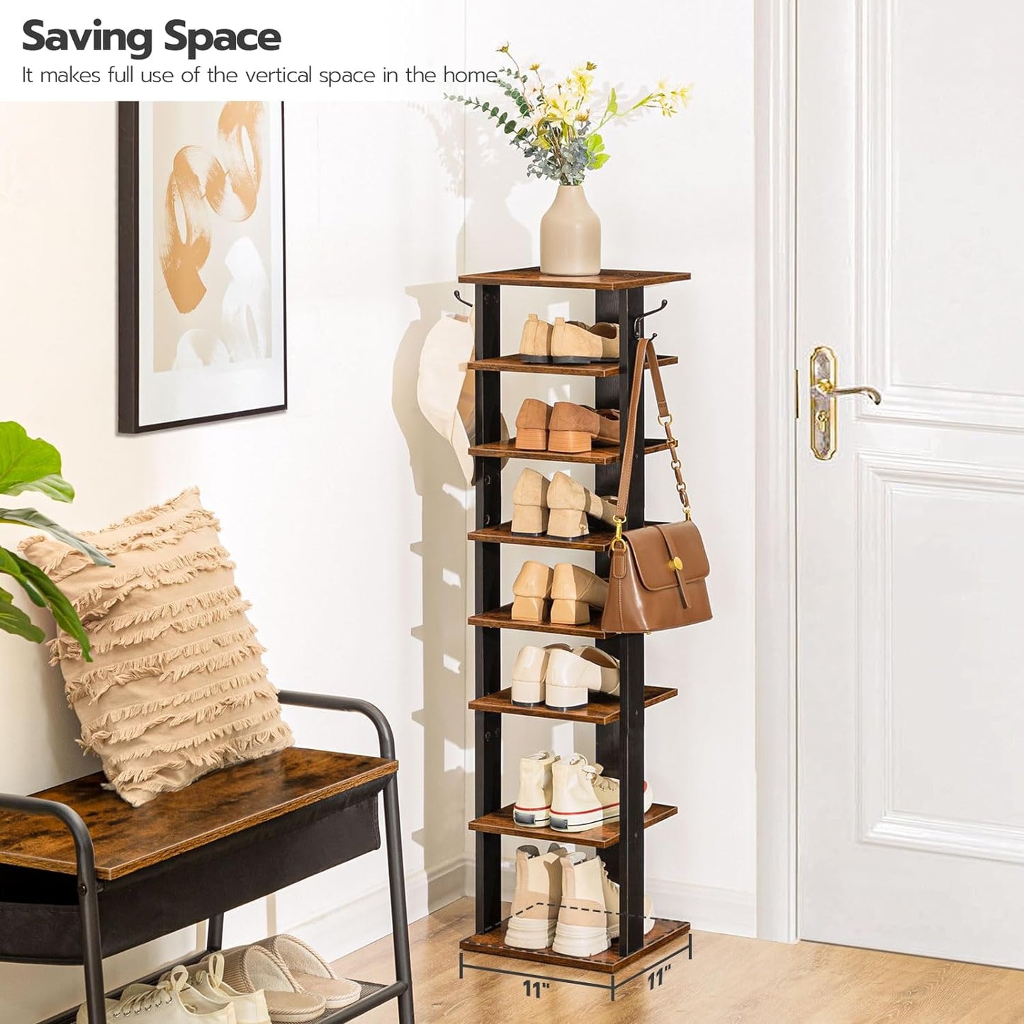 HOOBRO 8 Tiers Vertical Shoe Rack, Wooden Shoe Storage Organizer with Hooks, Narrow Shoe Tower for 8 Pairs, Space Saving, for Entryway, Living Room, Bedroom, Rustic Brown BF07XJ01G1