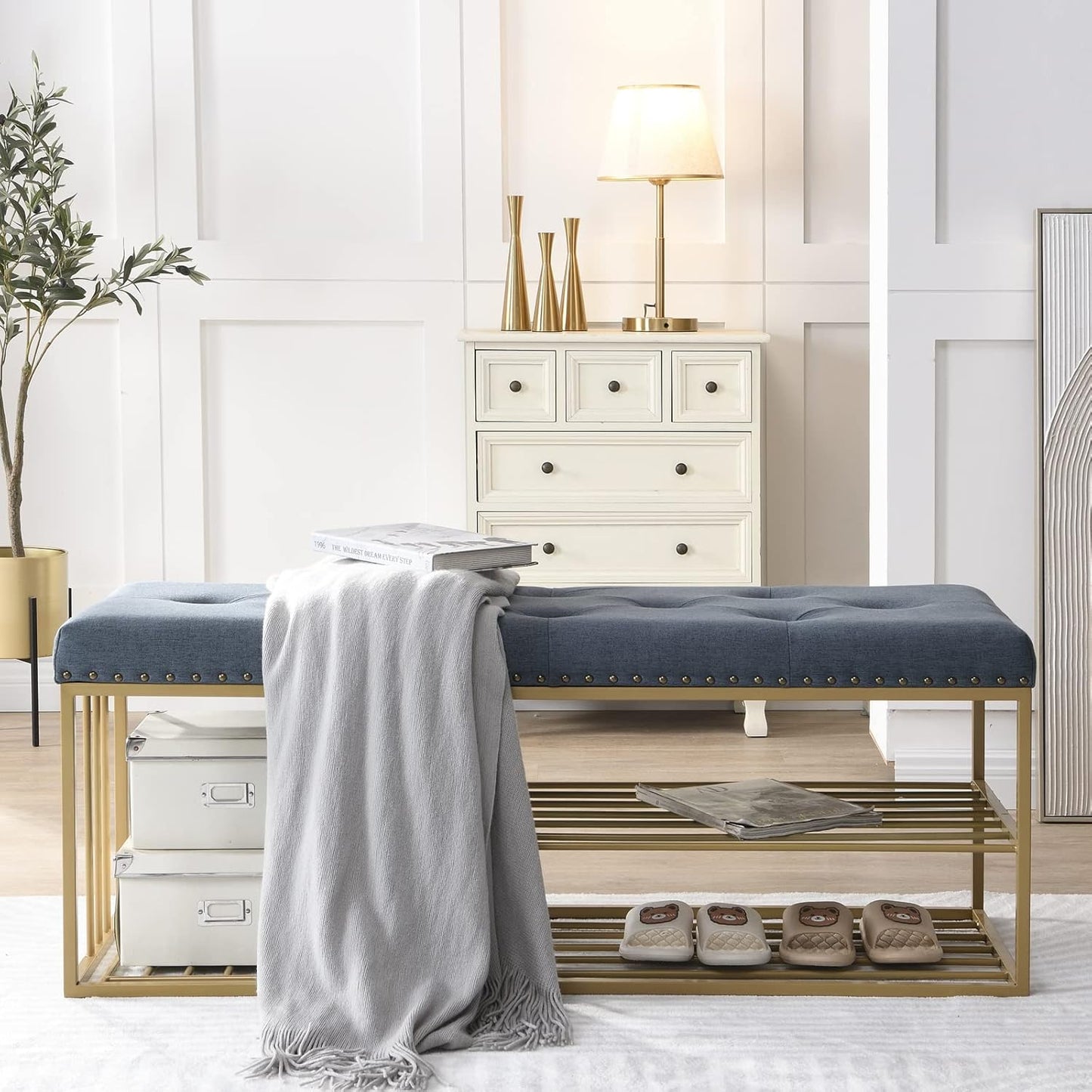 Upholstered Shoe Storage Bench-Nailhead Trim Linen Ottoman Bench with Shoes Rack for End of Bed Entryway Window Bedroom Living Mudroom Room,Blue