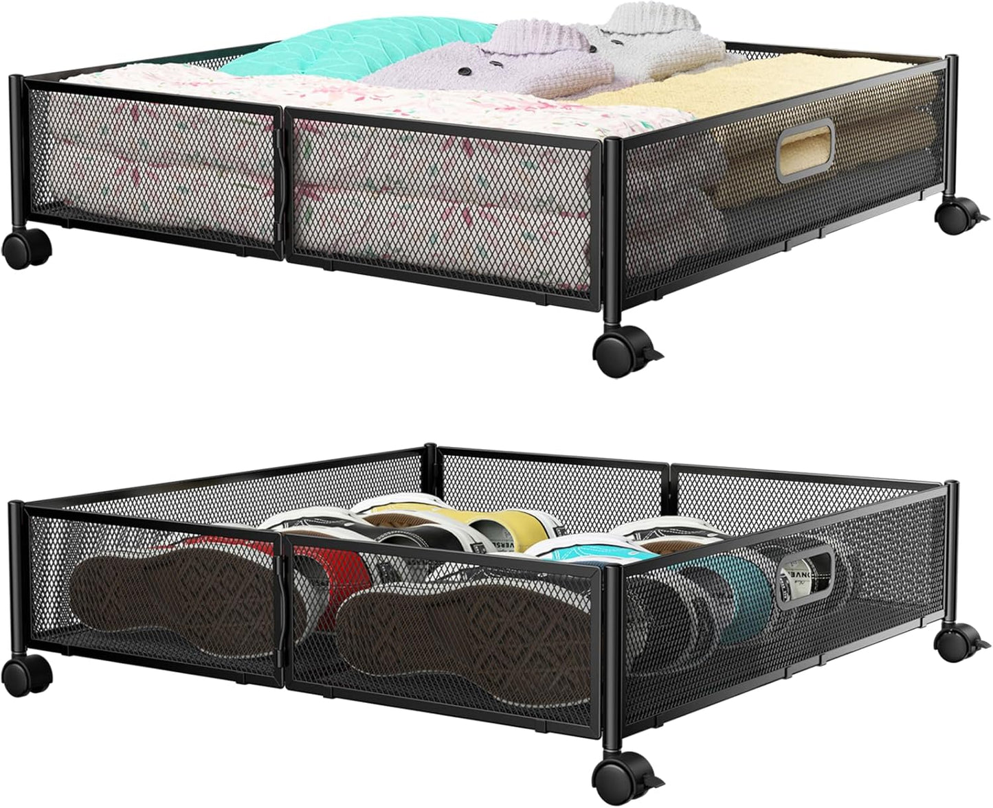 Under Bed Storage Containers with Wheels, Under Bed Shoe Storage Organizer Drawer, Tool-free Assembly Metal Storage Containers for Bedroom Clothes Shoes Blankets -2PCK