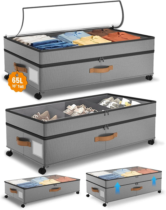 Under Bed Storage with Wheels, 65L XXL Under the Bed Storage Containers Large, 10‘’ Tall Adjustable Storage for Underbed with Lids, Rolling for Shoes, Clothes, Blankets, Grey