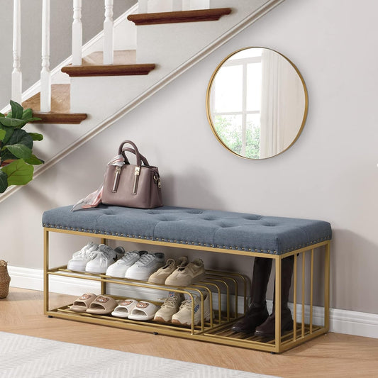 Upholstered Shoe Storage Bench-Nailhead Trim Linen Ottoman Bench with Shoes Rack for End of Bed Entryway Window Bedroom Living Mudroom Room,Blue