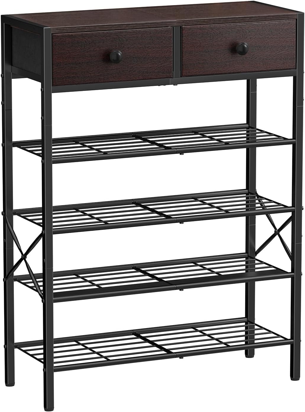 Shoe Rack for Entryway, 5 Tier Shoe Organizer with 2 Non-woven Drawers, Metal Storage Shoe Shelf for 16-20 Pairs of Shoes, with Wooden Top and Steel Frame, Shoe Stand for Closet Rustic Brown