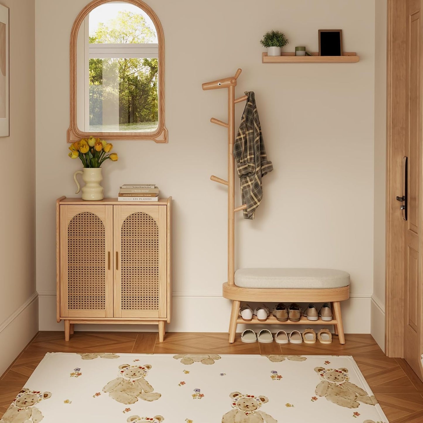 Shoe Bench Entryway,Coat Rack with Shoe Storage, Coat Rack and Shoe Rack, Wooden Narrow Shoe Bench（Natural）