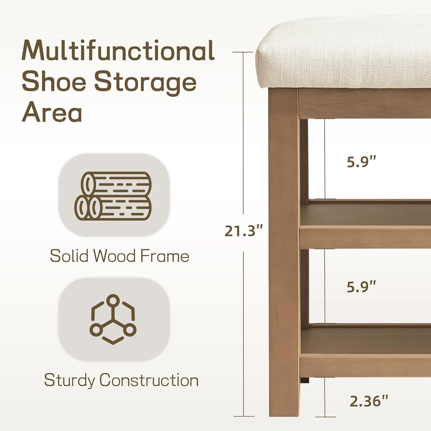 2 Tier Shoe Rack Bench with Cushion, Solid Wood Shoe Benches, Mid-Century Modern Shoe Storage Bench for Entryway, Hallway, Living Room, Closet, Front Door Entrance, (Beige, 46.5")