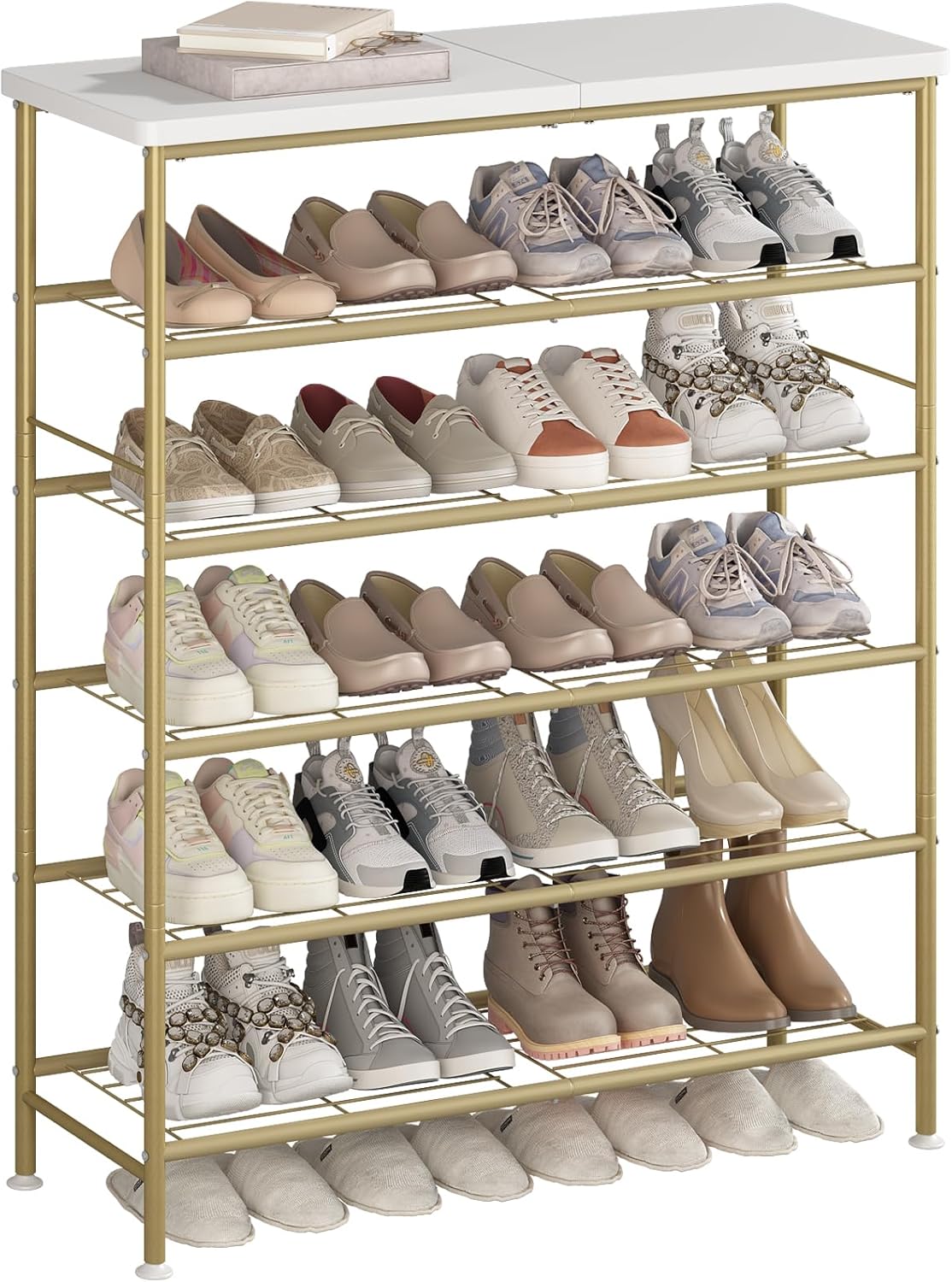 Shoe Rack Organizer 5 Tier for Closet Entryway Free Standing Metal Storage Shoe Shelf with MDF Top Board，Black+Rustic Brown
