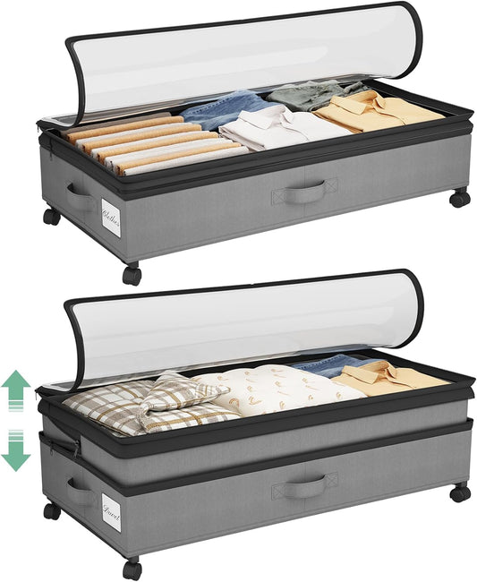 Kitstorack 2Pack Height-adjustable Under Bed Storage with Wheels, Under Bed Storage Containers,Under Bed Shoe Storage Organizer with Clear Window&Label, Suitable for Clothes Storage