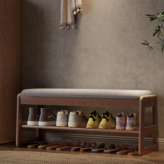 Shoe Rack Bench with Cushion, 2 Tiers Shoe Bench with Flip-Top Storage,Wood Shoe Rack for Entryway,Hallway（Walnut,39.3"）