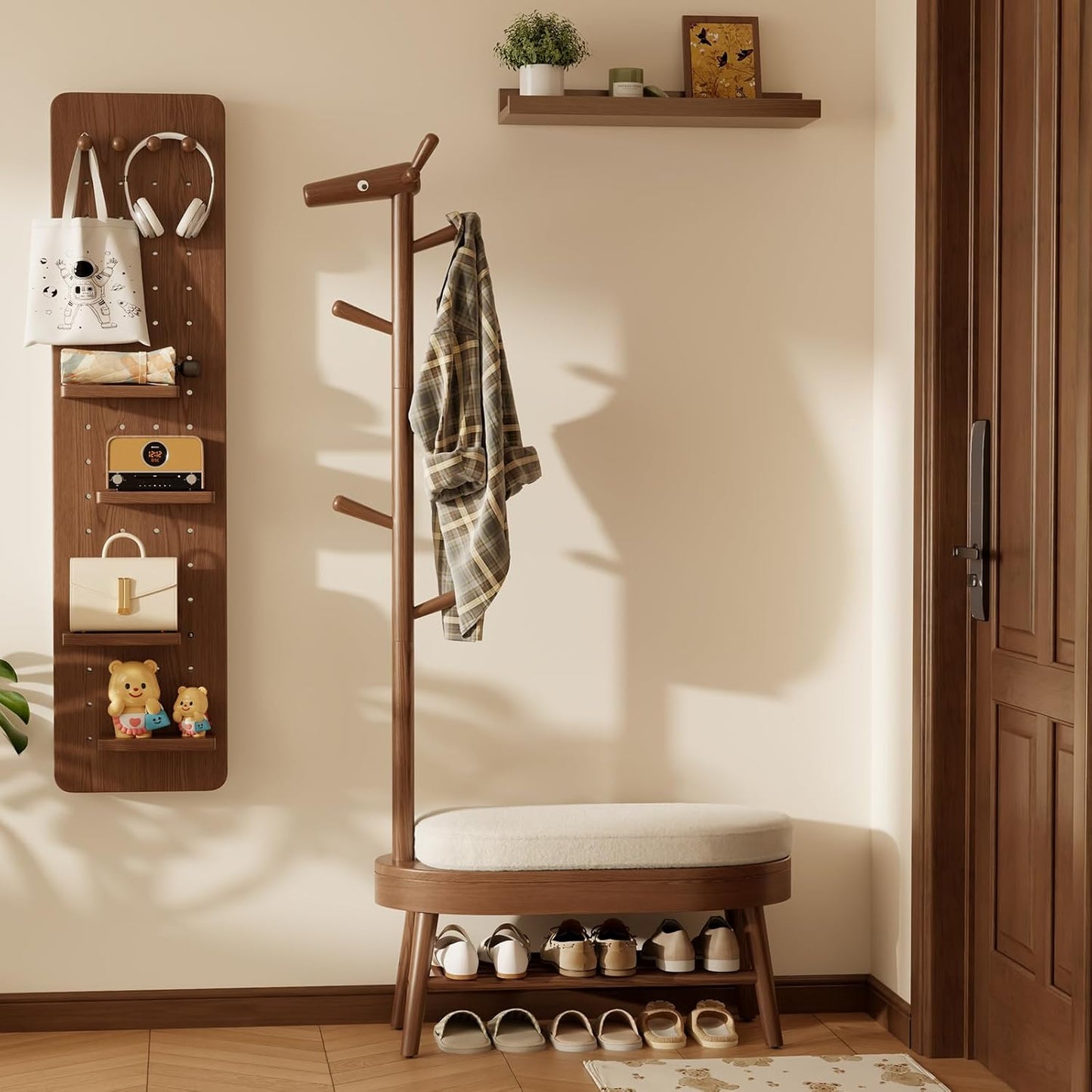 Shoe Bench Entryway,Coat Rack with Shoe Storage, Coat Rack and Shoe Rack, Wooden Narrow Shoe Bench（Natural）