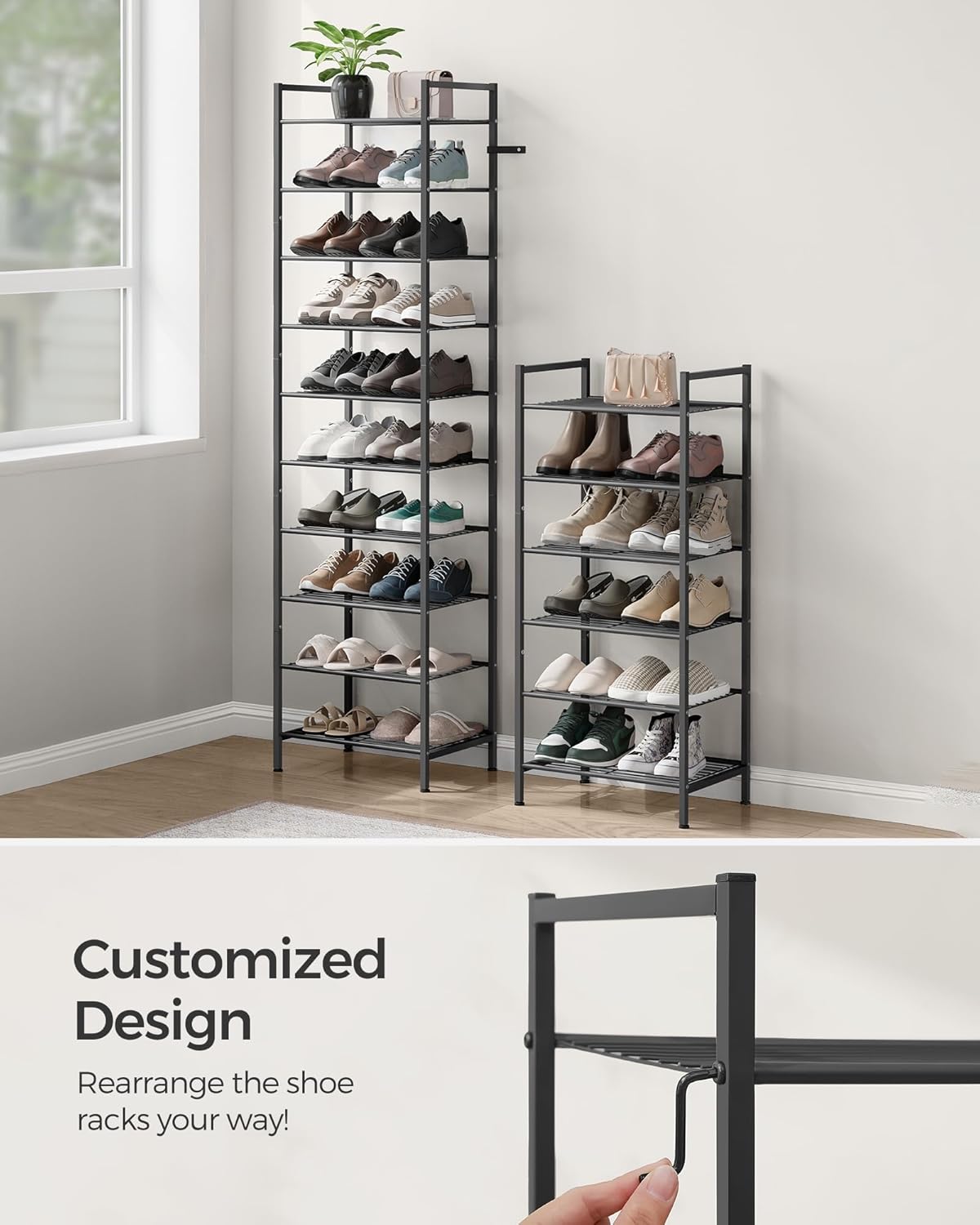 SONGMICS Narrow Shoe Rack, Sturdy 8 Tier Metal Tall Shoe Rack Shelf, Slim Shoe Storage Organizer for Closet Entryway Small Spaces, Vertical Shoe Stand Tower for 18 Pairs Shoes, Easy Assembly, Black