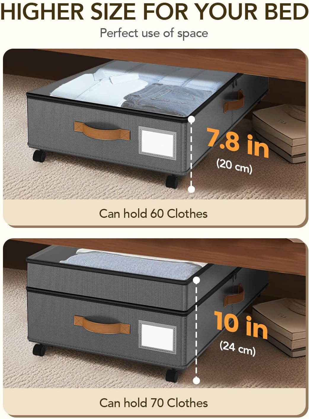 Under Bed Storage with Wheels, 65L XXL Under the Bed Storage Containers Large, 10‘’ Tall Adjustable Storage for Underbed with Lids, Rolling for Shoes, Clothes, Blankets, Grey