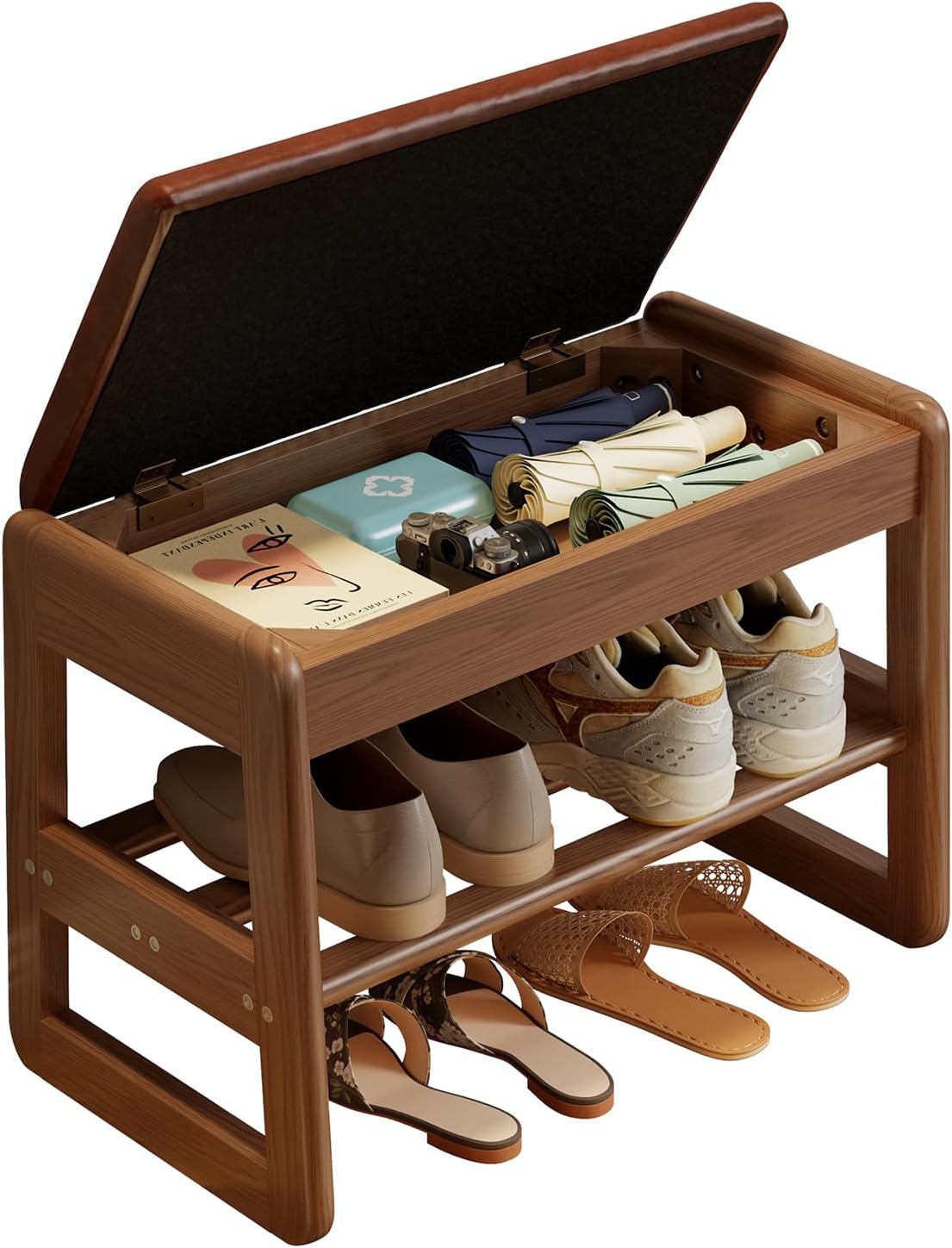 Shoe Rack Bench with Cushion, 2 Tiers Shoe Bench with Flip-Top Storage,Wood Shoe Rack for Entryway,Hallway（Walnut,39.3"）