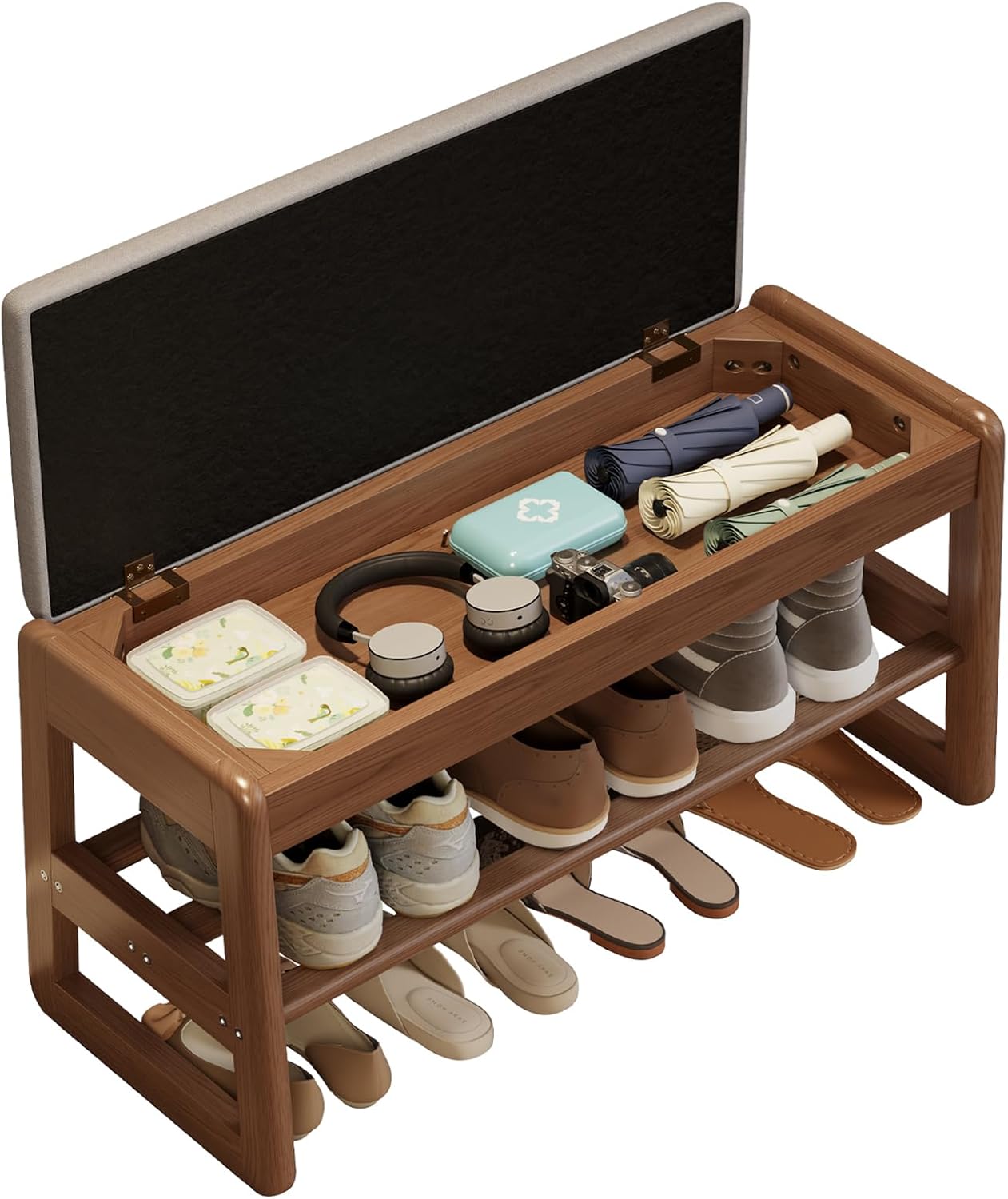 Shoe Rack Bench with Cushion, 2 Tiers Shoe Bench with Flip-Top Storage,Wood Shoe Rack for Entryway,Hallway（Walnut,39.3"）