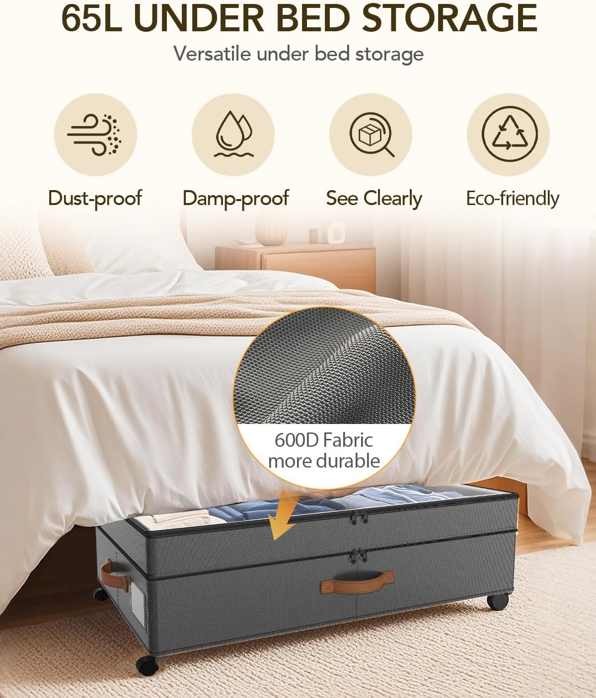 Under Bed Storage with Wheels, 65L XXL Under the Bed Storage Containers Large, 10‘’ Tall Adjustable Storage for Underbed with Lids, Rolling for Shoes, Clothes, Blankets, Grey