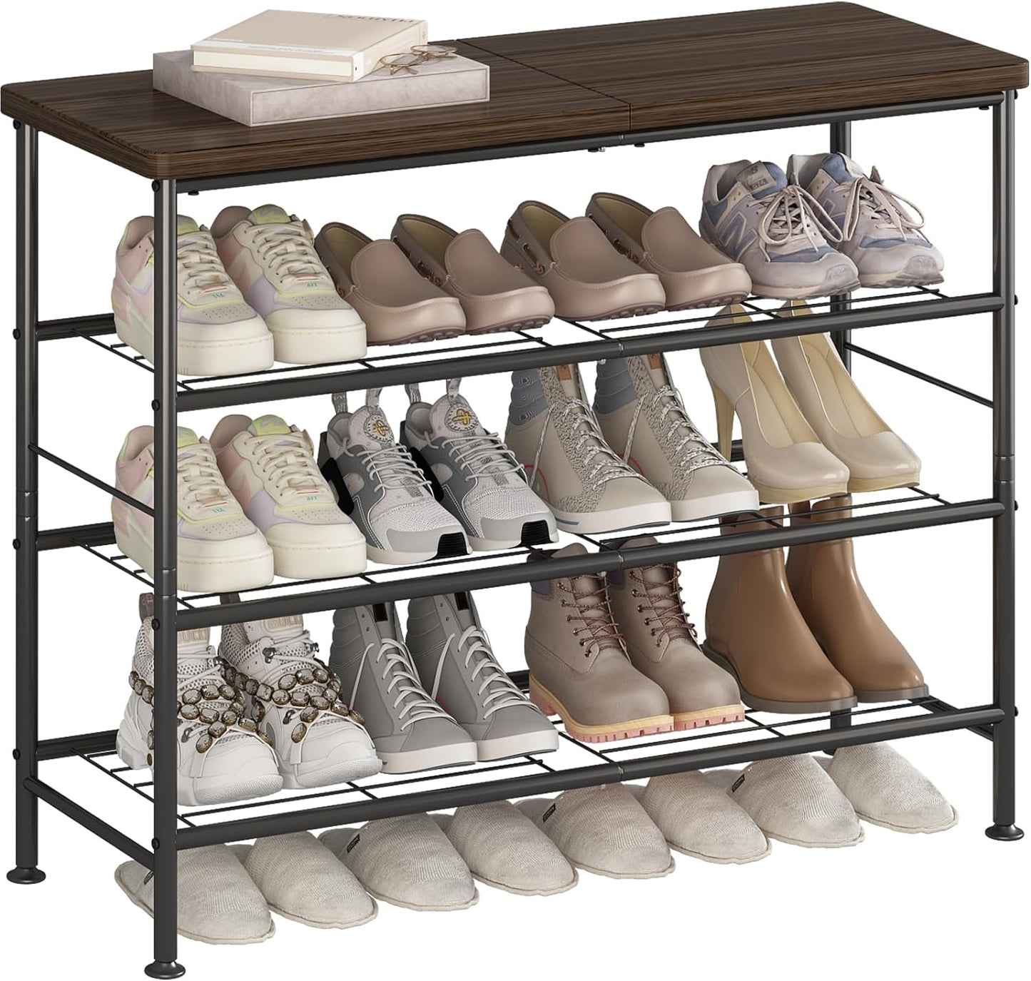 Shoe Rack Organizer 5 Tier for Closet Entryway Free Standing Metal Storage Shoe Shelf with MDF Top Board，Black+Rustic Brown