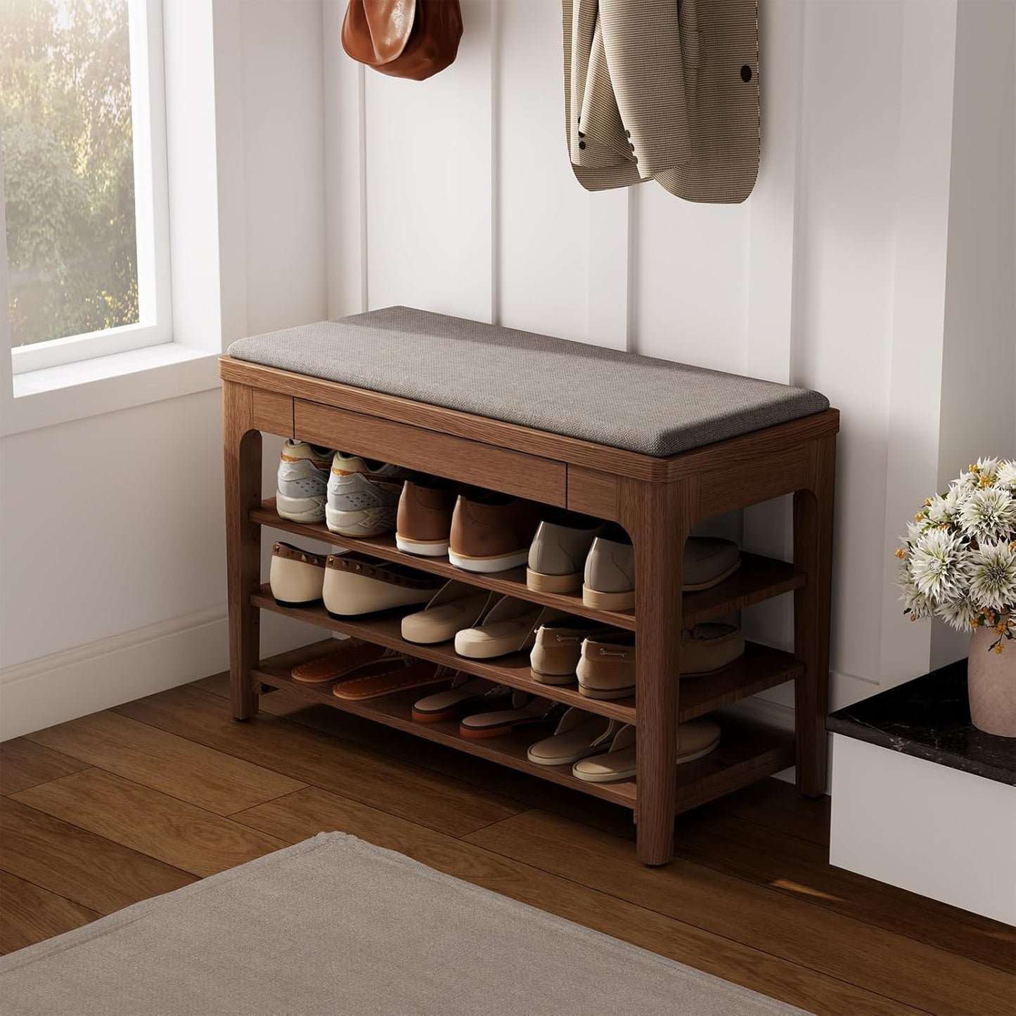 Small Shoe Bench with Storage, Wooden Shoe Storage Bench with Cushion&Hidden Drawer, 3-Tier Shoe Rack Bench for Entryway, Mudroom, Hallway