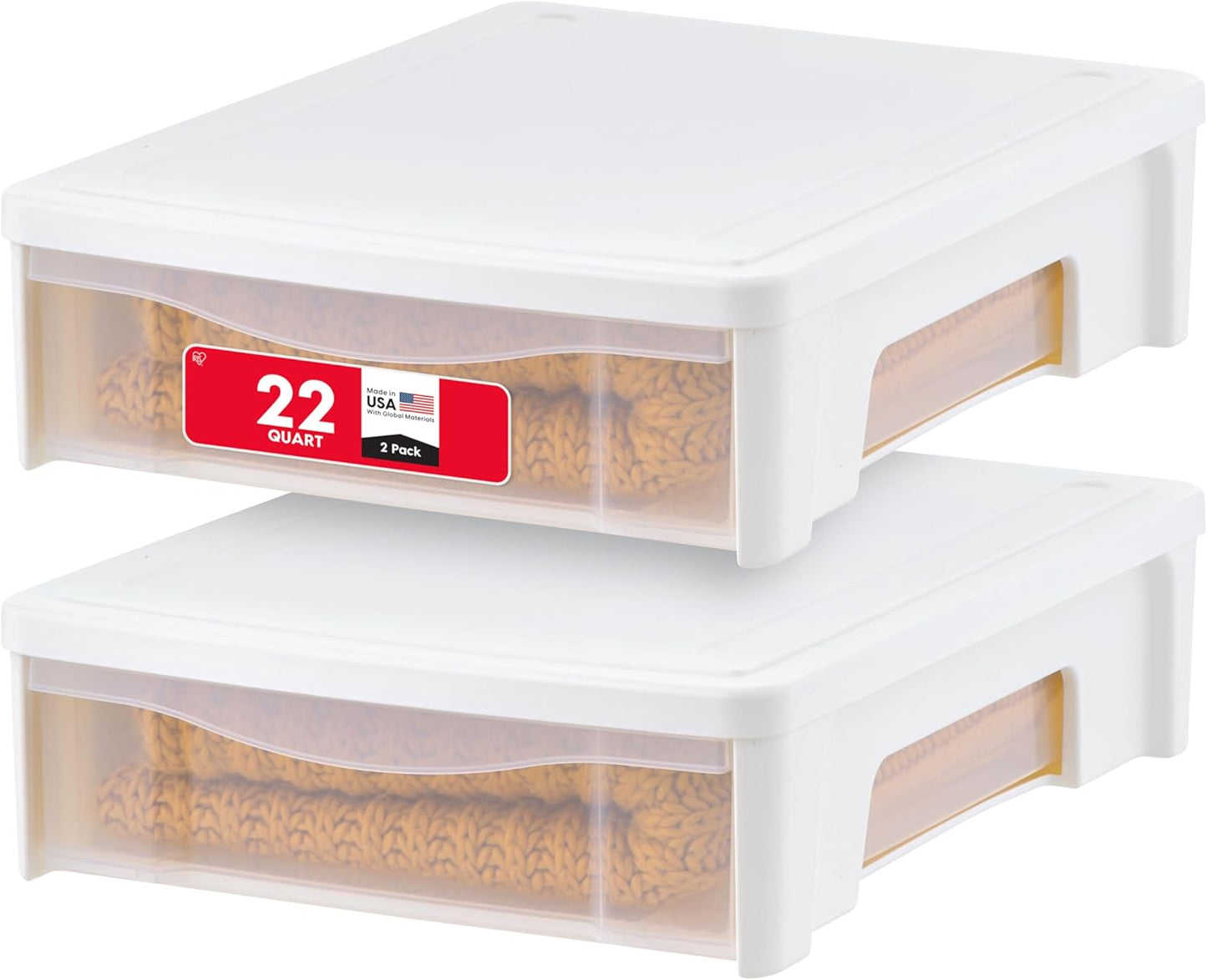 IRIS USA 22 Qt Underbed Storage Stackable Organizer Bin Container with Sliding Drawer, 2 Pack, Multi-Purpose for Clothes, Shoes, Clothing, Bedding, White