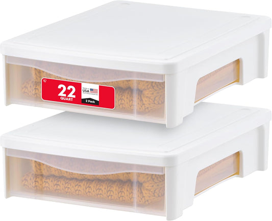 IRIS USA 22 Qt Underbed Storage Stackable Organizer Bin Container with Sliding Drawer, 2 Pack, Multi-Purpose for Clothes, Shoes, Clothing, Bedding, White
