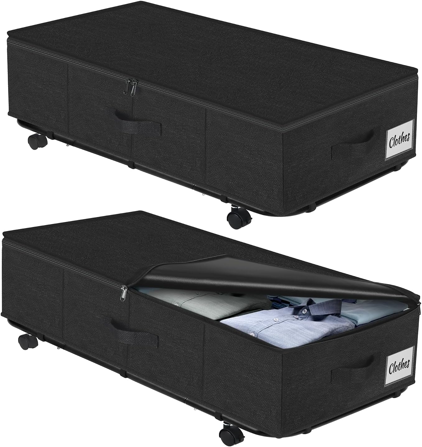 2 Pack Under Bed Storage with Wheels 10" Height, Rolling Storage Bins XXL 60L, Underbed Shoe Storage Containers with Label & Clear Lid, Dorm Under bed Drawers for Clothes, Shoes, Quick Assembly, Black